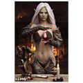 Handcrafted Dark Elf Sorceress wall art featuring a white-haired elven mage conjuring a glowing crimson crystal inside a mystical ritual chamber. Fantasy artwork perfect for gaming rooms, RPG fans, and dark fantasy décor.