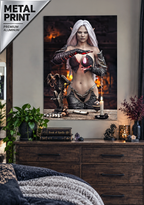 Handcrafted Dark Elf Sorceress wall art featuring a white-haired elven mage conjuring a glowing crimson crystal inside a mystical ritual chamber. Fantasy artwork perfect for gaming rooms, RPG fans, and dark fantasy décor.