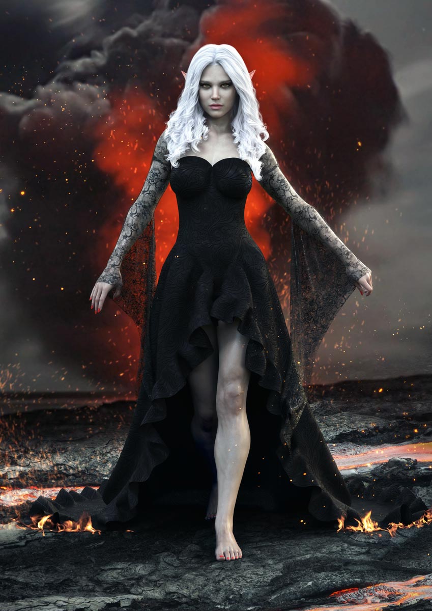 Dark elf sorceress wall art featuring a white-haired female elf in a flowing black gown surrounded by volcanic fire, smoke and glowing embers.