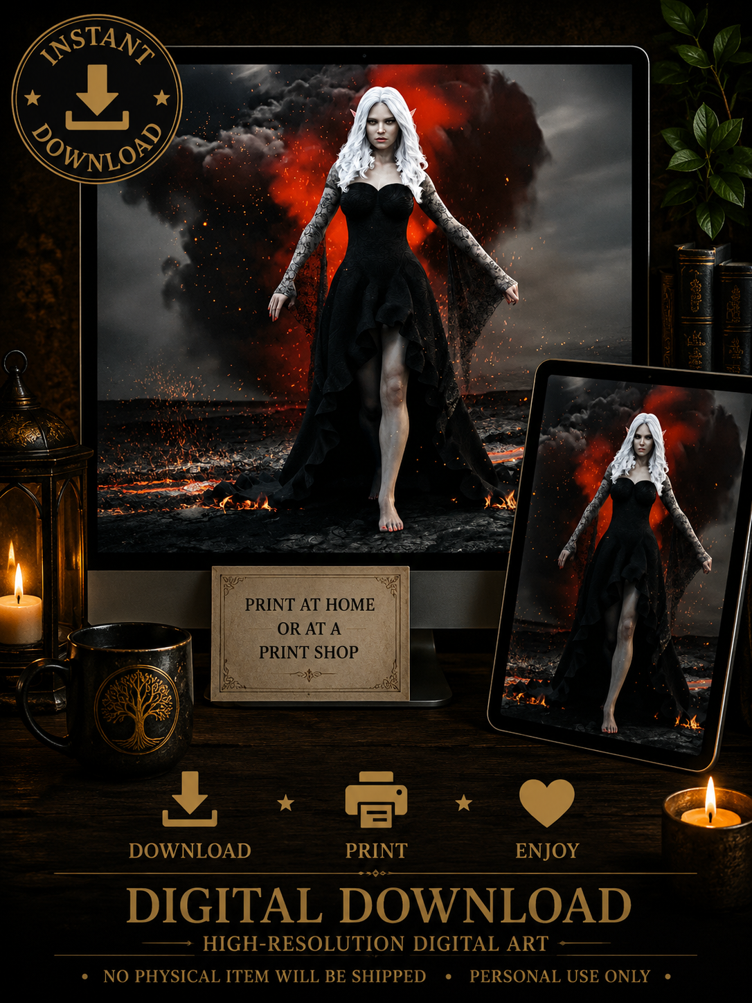 Dark elf sorceress wall art featuring a white-haired female elf in a flowing black gown surrounded by volcanic fire, smoke and glowing embers.