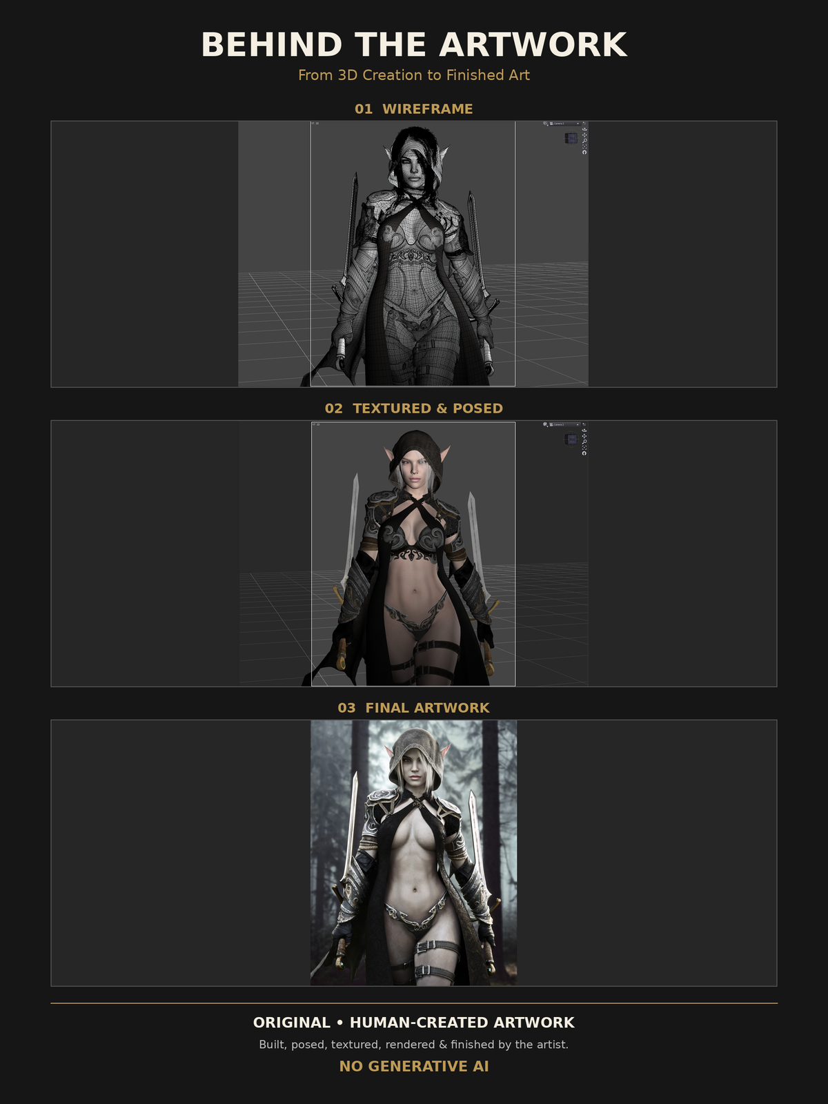 Behind the artwork process showing the original wireframe, textured 3D model, and finished Dark Elf Warrior fantasy artwork by Digital Storm Cinema.