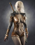 White-haired dark elf warrior with sword wearing bronze and black fantasy armor, available as printable digital wall art.