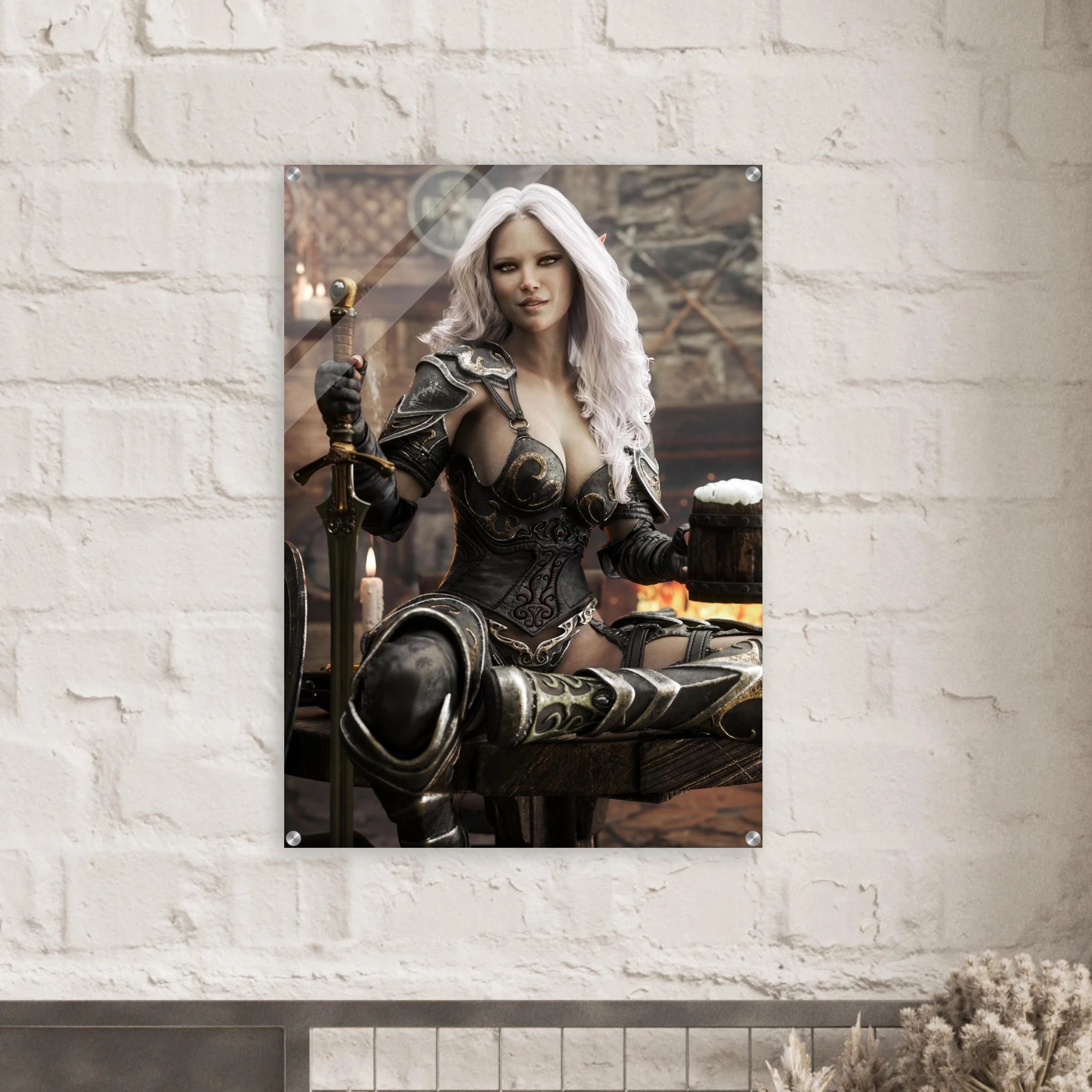 Handcrafted Dark Elf Warrior tavern wall art featuring a white-haired female elf in ornate armor holding a frothy tankard beside her sword and shield in a cozy medieval tavern. Fantasy artwork perfect for gaming rooms, home bars, RPG fans, and medieval fantasy décor.