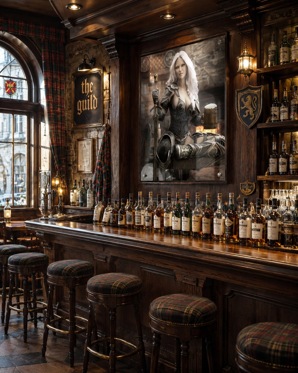 Handcrafted Dark Elf Warrior tavern wall art featuring a white-haired female elf in ornate armor holding a frothy tankard beside her sword and shield in a cozy medieval tavern. Fantasy artwork perfect for gaming rooms, home bars, RPG fans, and medieval fantasy décor.