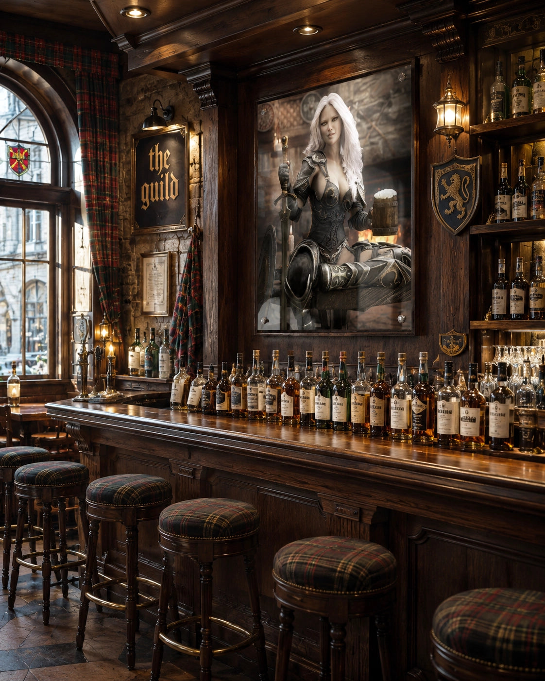 Handcrafted Dark Elf Warrior tavern wall art featuring a white-haired female elf in ornate armor holding a frothy tankard beside her sword and shield in a cozy medieval tavern. Fantasy artwork perfect for gaming rooms, home bars, RPG fans, and medieval fantasy décor.