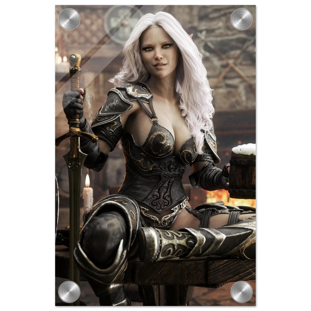 Handcrafted Dark Elf Warrior tavern wall art featuring a white-haired female elf in ornate armor holding a frothy tankard beside her sword and shield in a cozy medieval tavern. Fantasy artwork perfect for gaming rooms, home bars, RPG fans, and medieval fantasy décor.