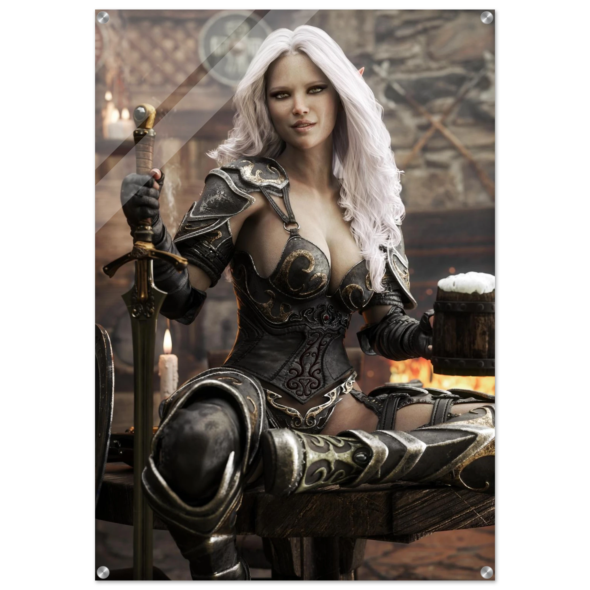 Handcrafted Dark Elf Warrior tavern wall art featuring a white-haired female elf in ornate armor holding a frothy tankard beside her sword and shield in a cozy medieval tavern. Fantasy artwork perfect for gaming rooms, home bars, RPG fans, and medieval fantasy décor.