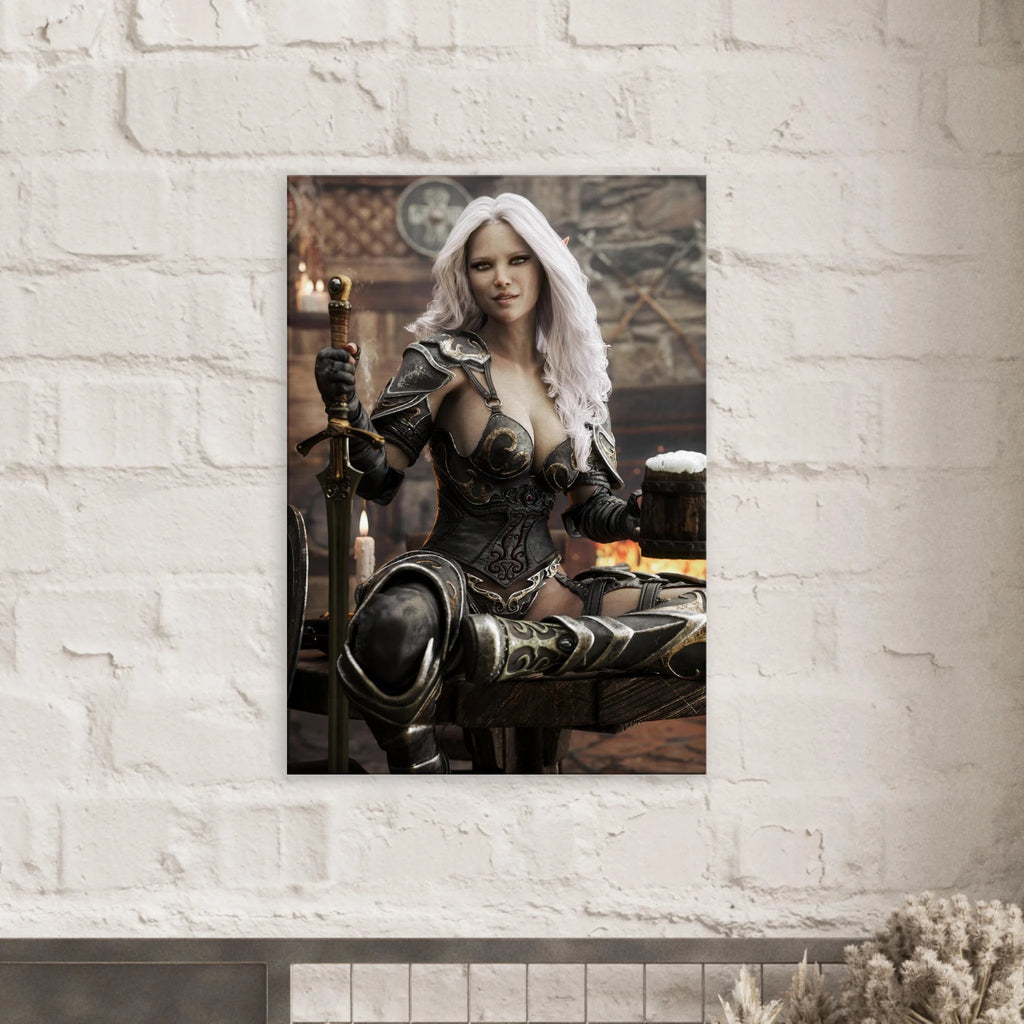 Handcrafted Dark Elf Warrior tavern wall art featuring a white-haired female elf in ornate armor holding a frothy tankard beside her sword and shield in a cozy medieval tavern. Fantasy artwork perfect for gaming rooms, home bars, RPG fans, and medieval fantasy décor.