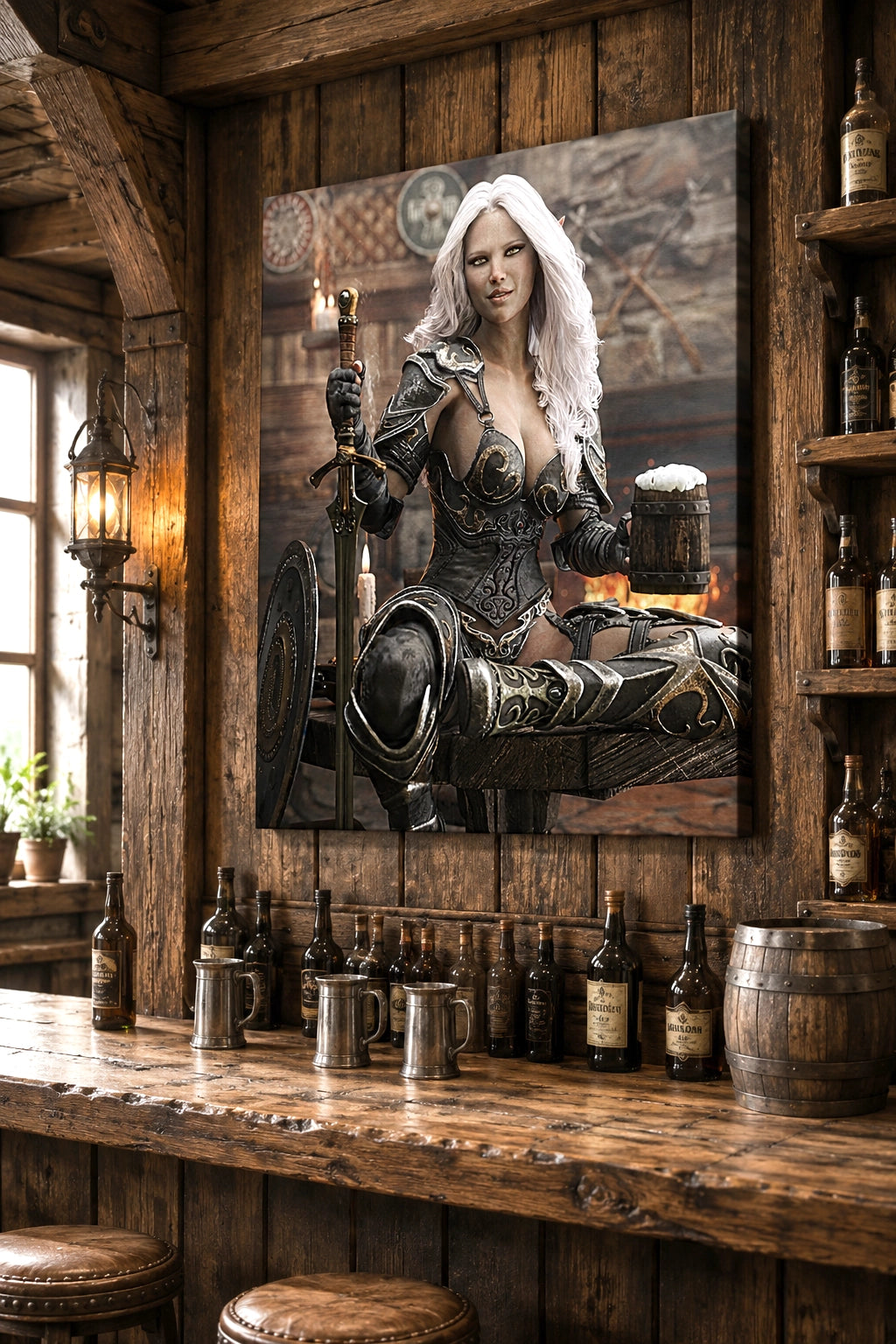 Handcrafted Dark Elf Warrior tavern wall art featuring a white-haired female elf in ornate armor holding a frothy tankard beside her sword and shield in a cozy medieval tavern. Fantasy artwork perfect for gaming rooms, home bars, RPG fans, and medieval fantasy décor.