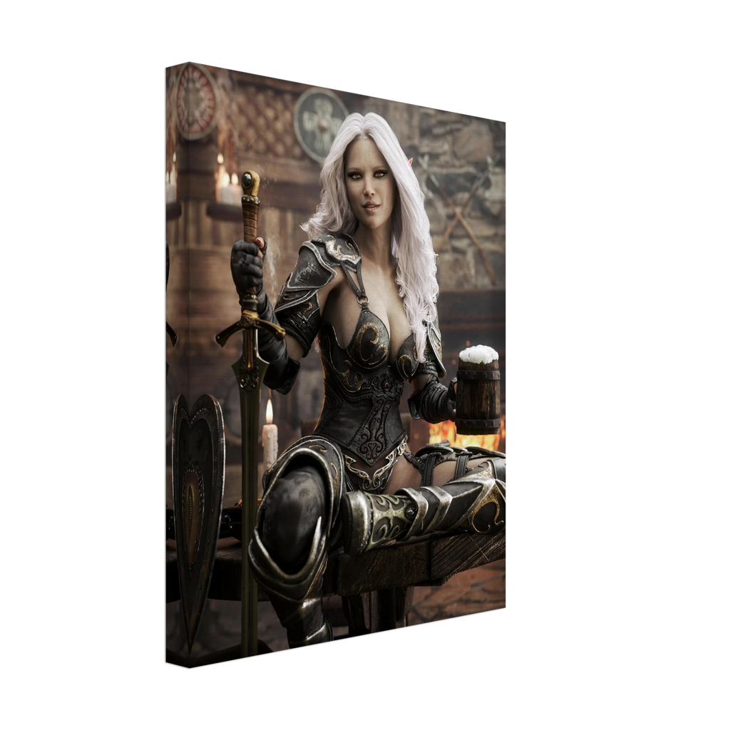 Handcrafted Dark Elf Warrior tavern wall art featuring a white-haired female elf in ornate armor holding a frothy tankard beside her sword and shield in a cozy medieval tavern. Fantasy artwork perfect for gaming rooms, home bars, RPG fans, and medieval fantasy décor.