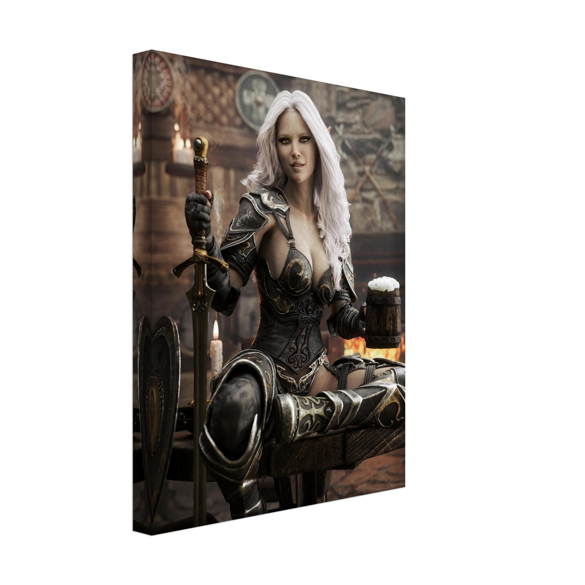 Handcrafted Dark Elf Warrior tavern wall art featuring a white-haired female elf in ornate armor holding a frothy tankard beside her sword and shield in a cozy medieval tavern. Fantasy artwork perfect for gaming rooms, home bars, RPG fans, and medieval fantasy décor.