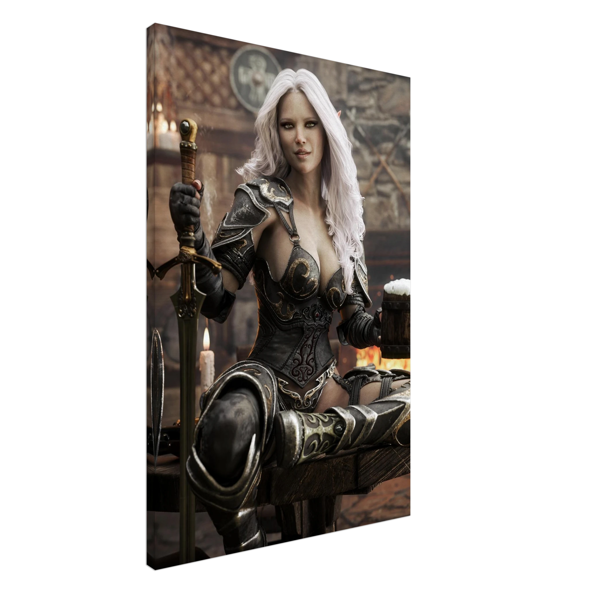 Handcrafted Dark Elf Warrior tavern wall art featuring a white-haired female elf in ornate armor holding a frothy tankard beside her sword and shield in a cozy medieval tavern. Fantasy artwork perfect for gaming rooms, home bars, RPG fans, and medieval fantasy décor.