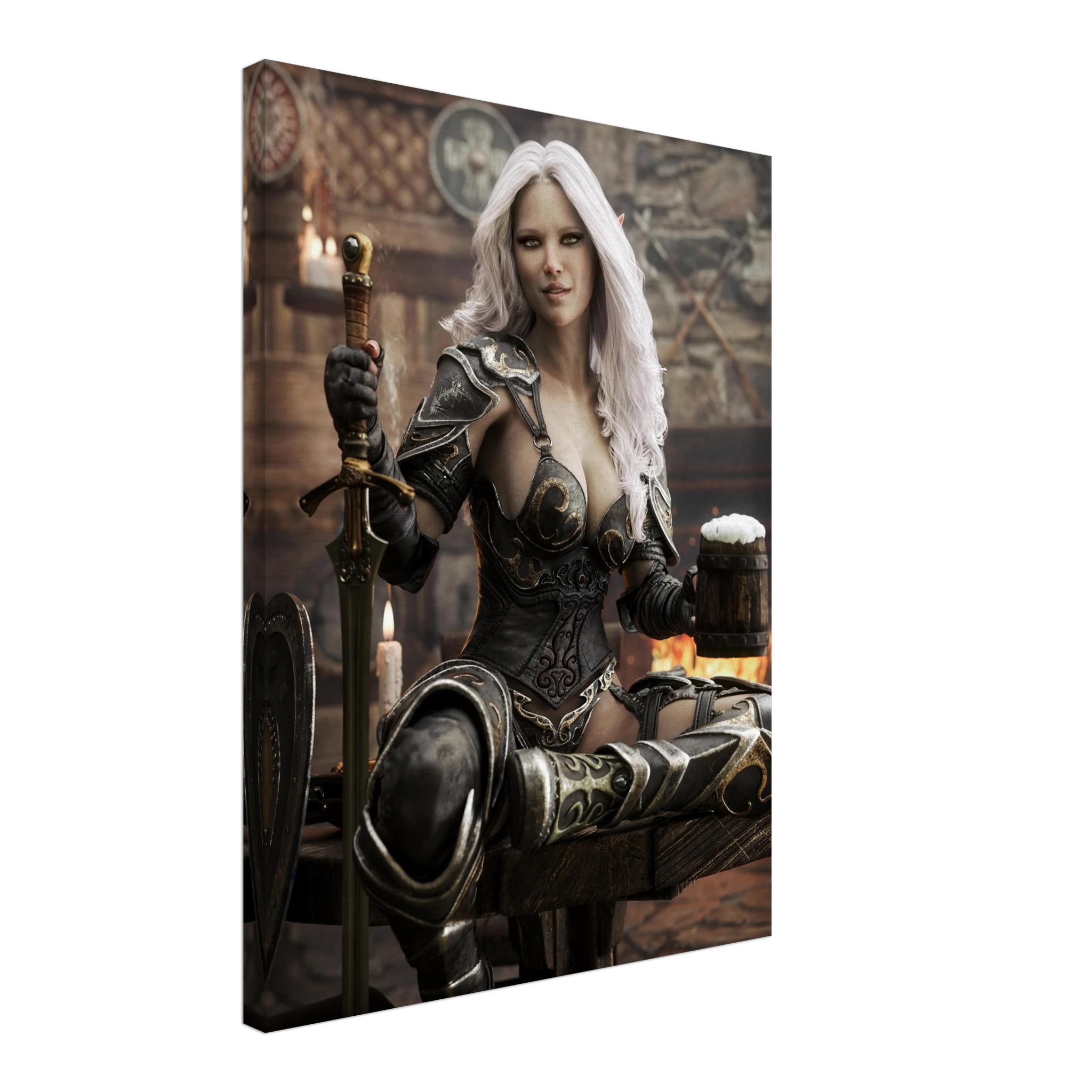 Handcrafted Dark Elf Warrior tavern wall art featuring a white-haired female elf in ornate armor holding a frothy tankard beside her sword and shield in a cozy medieval tavern. Fantasy artwork perfect for gaming rooms, home bars, RPG fans, and medieval fantasy décor.