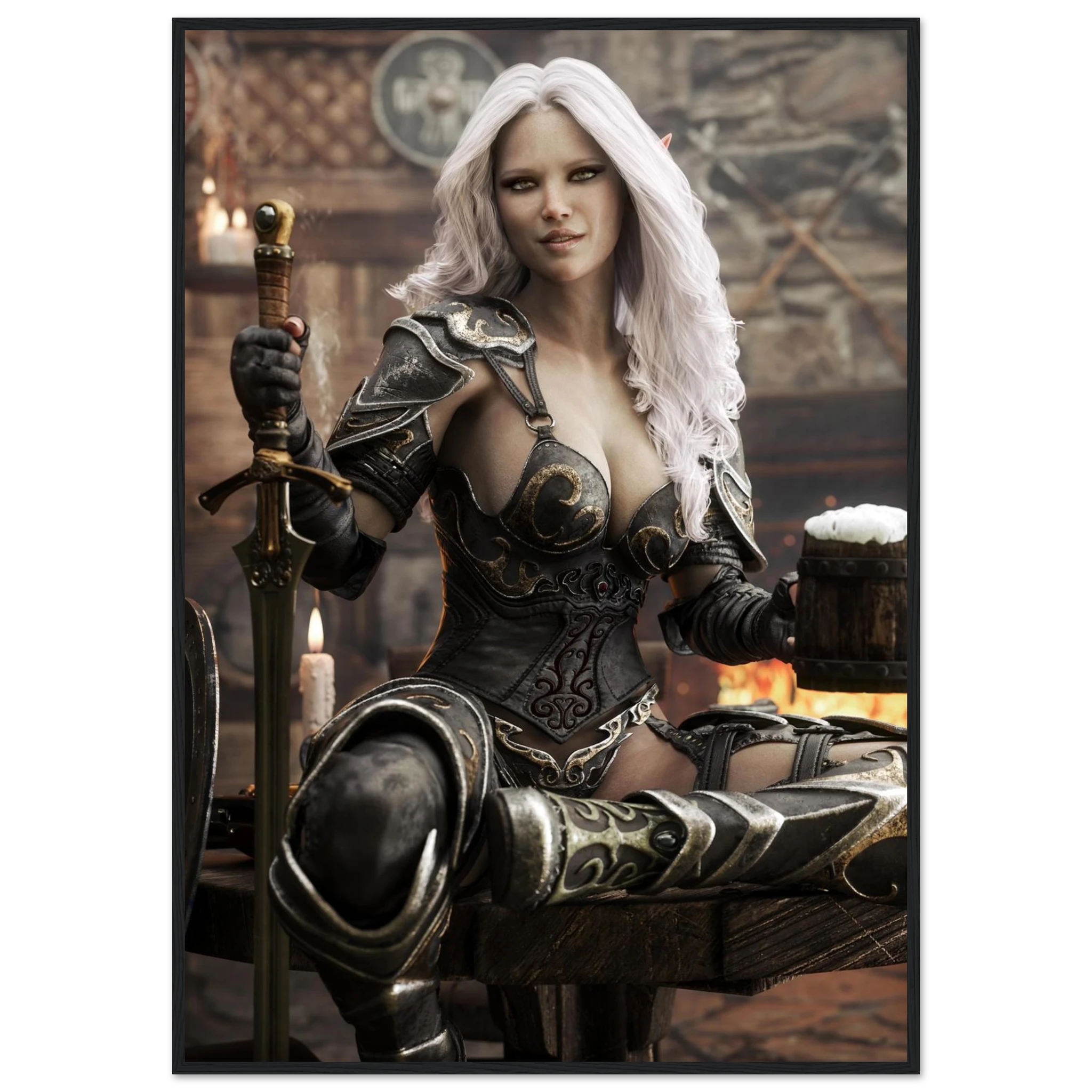 A framed art print featuring a fantasy illustration of a woman with long white hair, wearing dark metallic armor and holding a sword, seated in a dimly lit interior.
