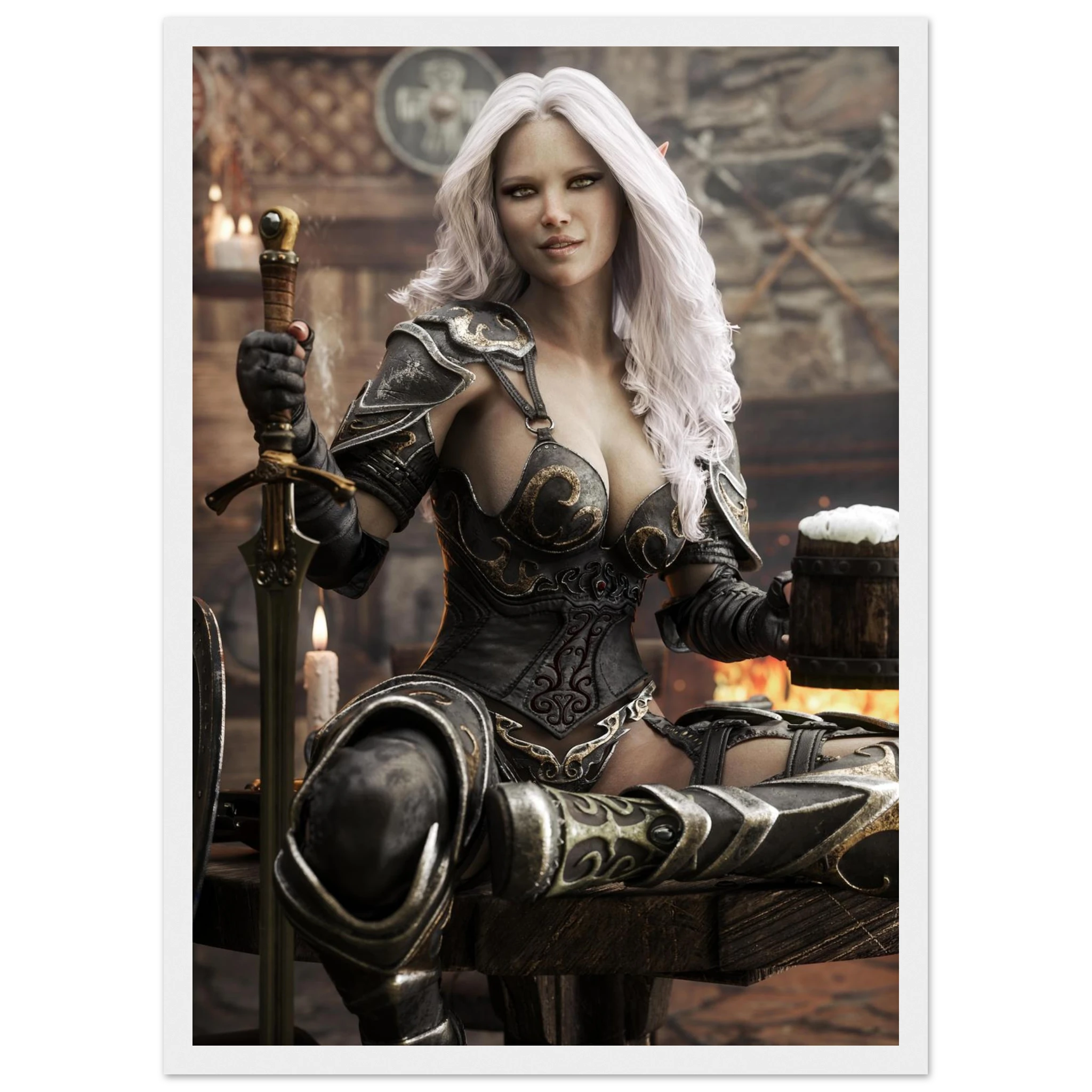 A fantasy art print featuring a woman with long white hair in dark metallic armor, seated and holding a sword and a mug, set against a warm medieval interior. The print is shown with a white border.