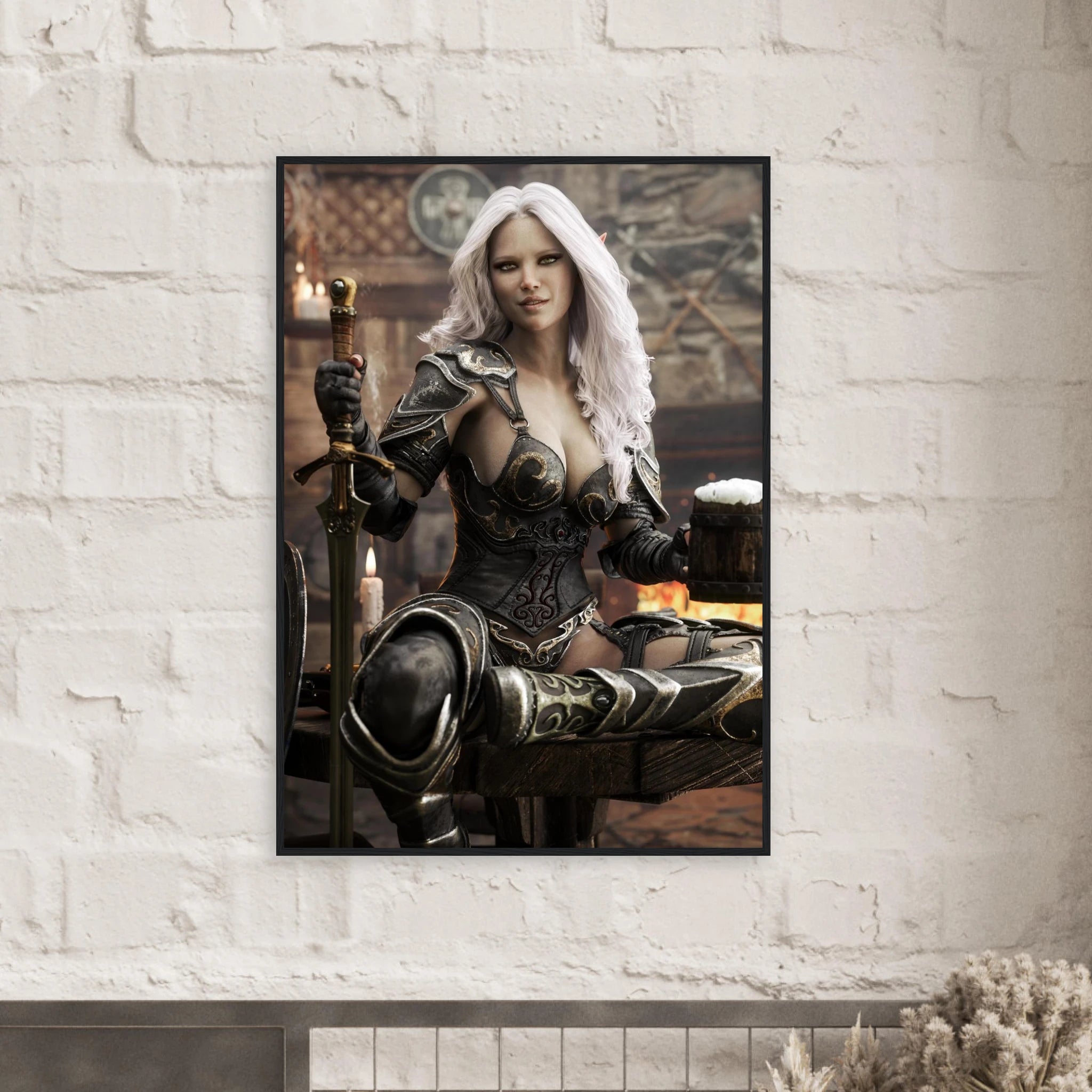 A framed vertical art print depicting a fantasy female warrior with long white hair, seated in dark armor and holding a sword, displayed on a white brick wall above a fireplace.