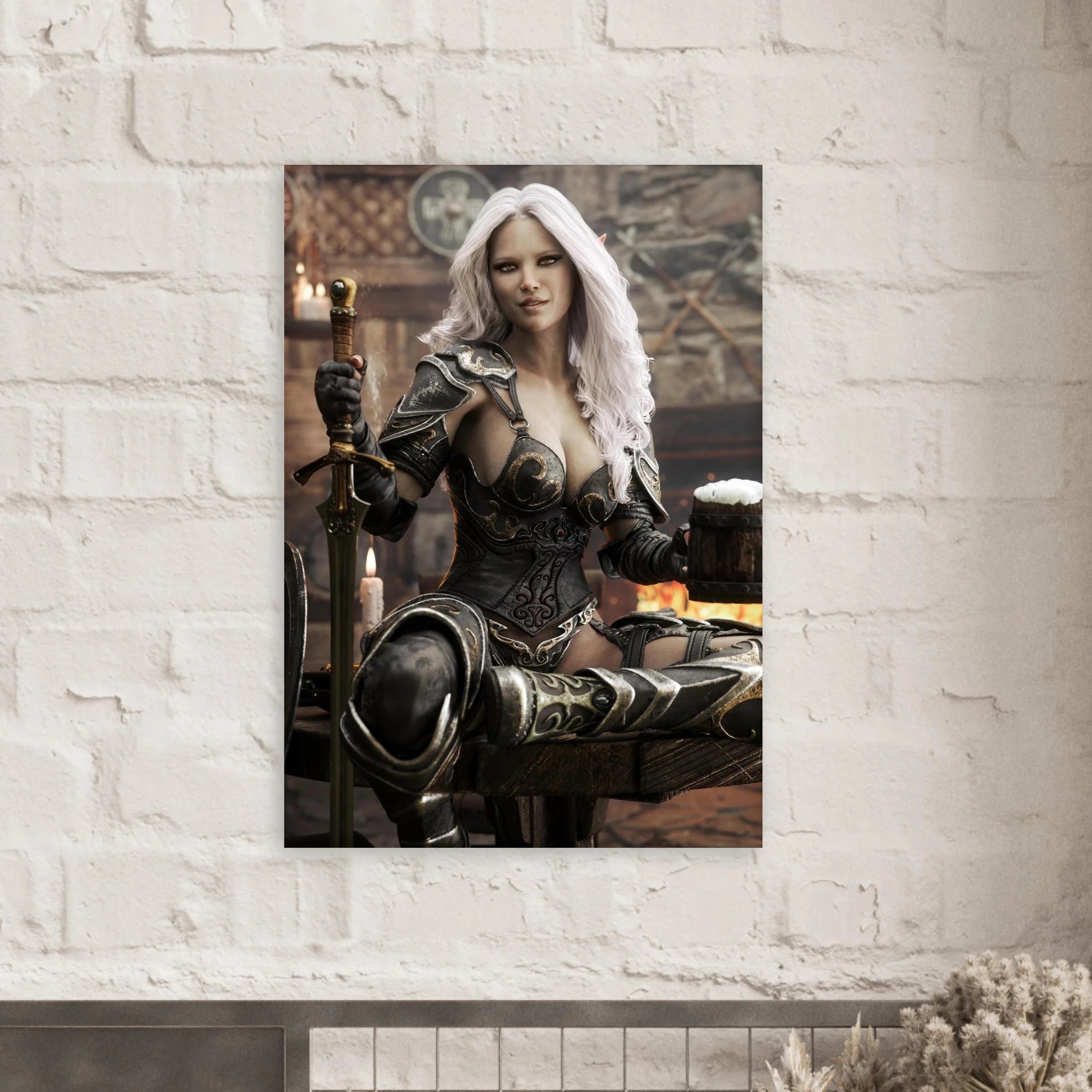 Handcrafted Dark Elf Warrior tavern wall art featuring a white-haired female elf in ornate armor holding a frothy tankard beside her sword and shield in a cozy medieval tavern. Fantasy artwork perfect for gaming rooms, home bars, RPG fans, and medieval fantasy décor.