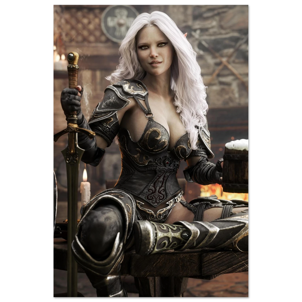 Handcrafted Dark Elf Warrior tavern wall art featuring a white-haired female elf in ornate armor holding a frothy tankard beside her sword and shield in a cozy medieval tavern. Fantasy artwork perfect for gaming rooms, home bars, RPG fans, and medieval fantasy décor.