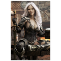 Handcrafted Dark Elf Warrior tavern wall art featuring a white-haired female elf in ornate armor holding a frothy tankard beside her sword and shield in a cozy medieval tavern. Fantasy artwork perfect for gaming rooms, home bars, RPG fans, and medieval fantasy décor.