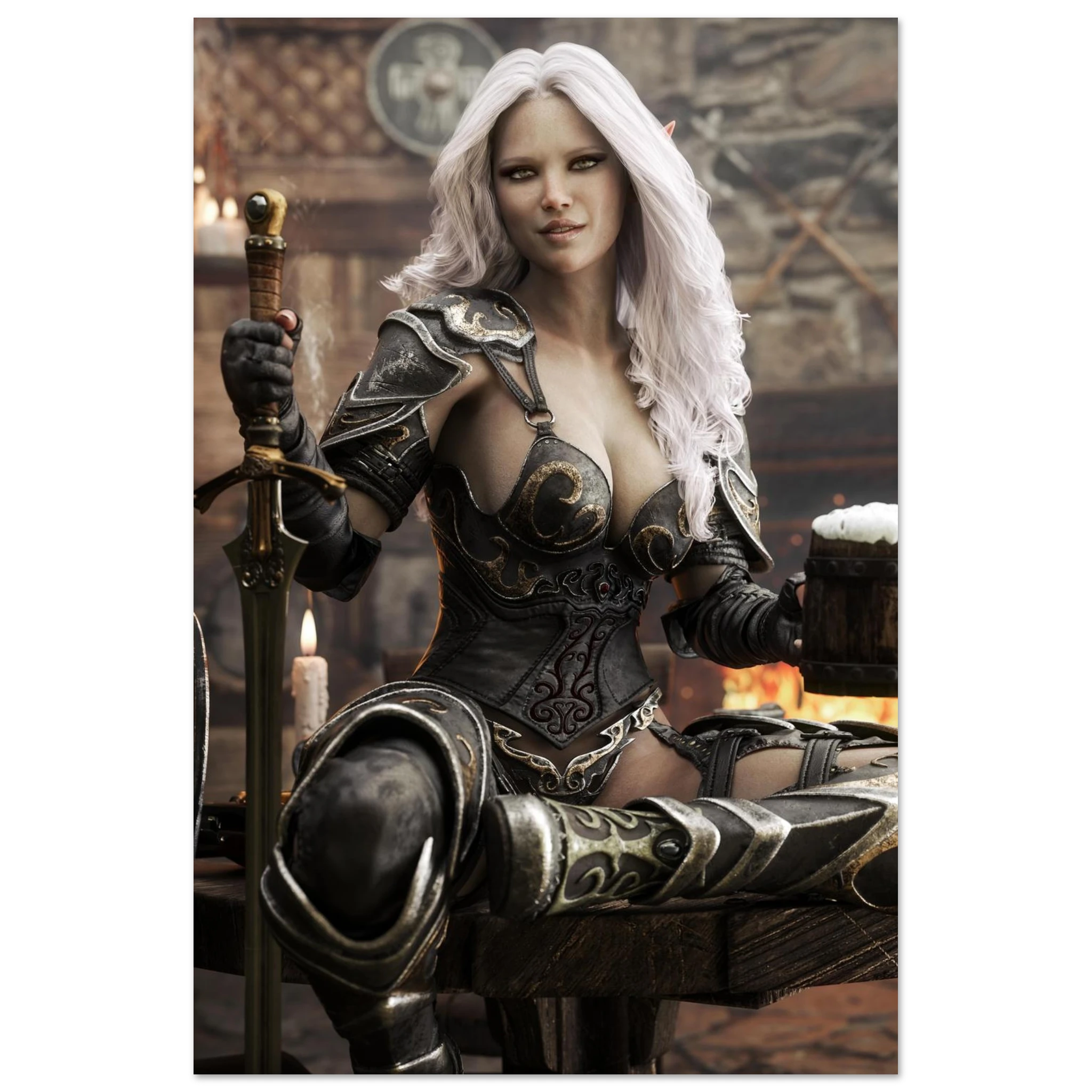 Handcrafted Dark Elf Warrior tavern wall art featuring a white-haired female elf in ornate armor holding a frothy tankard beside her sword and shield in a cozy medieval tavern. Fantasy artwork perfect for gaming rooms, home bars, RPG fans, and medieval fantasy décor.