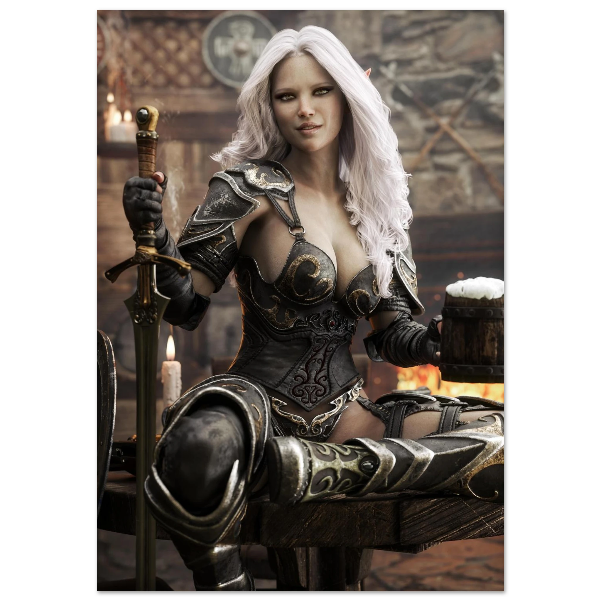 Handcrafted Dark Elf Warrior tavern wall art featuring a white-haired female elf in ornate armor holding a frothy tankard beside her sword and shield in a cozy medieval tavern. Fantasy artwork perfect for gaming rooms, home bars, RPG fans, and medieval fantasy décor.
