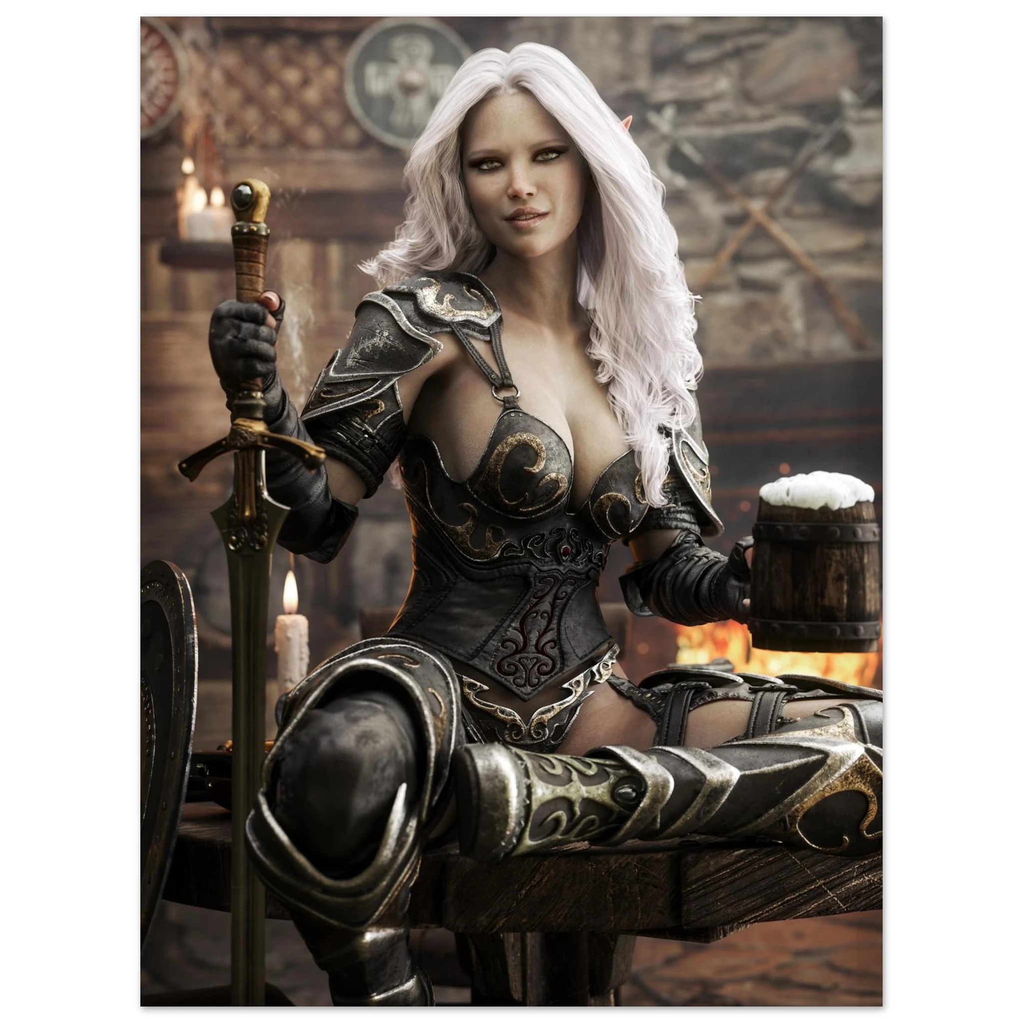 Handcrafted Dark Elf Warrior tavern wall art featuring a white-haired female elf in ornate armor holding a frothy tankard beside her sword and shield in a cozy medieval tavern. Fantasy artwork perfect for gaming rooms, home bars, RPG fans, and medieval fantasy décor.