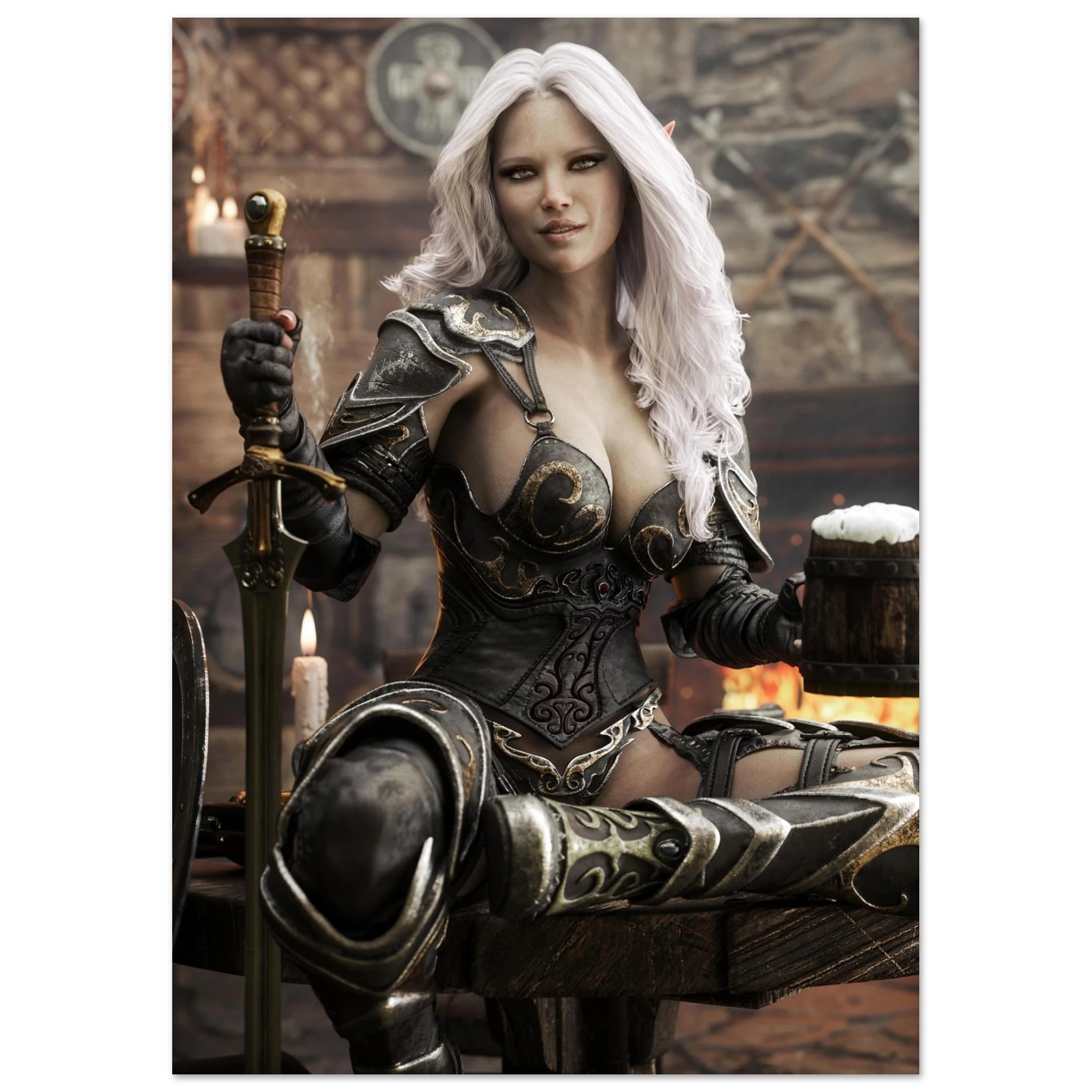 Handcrafted Dark Elf Warrior tavern wall art featuring a white-haired female elf in ornate armor holding a frothy tankard beside her sword and shield in a cozy medieval tavern. Fantasy artwork perfect for gaming rooms, home bars, RPG fans, and medieval fantasy décor.