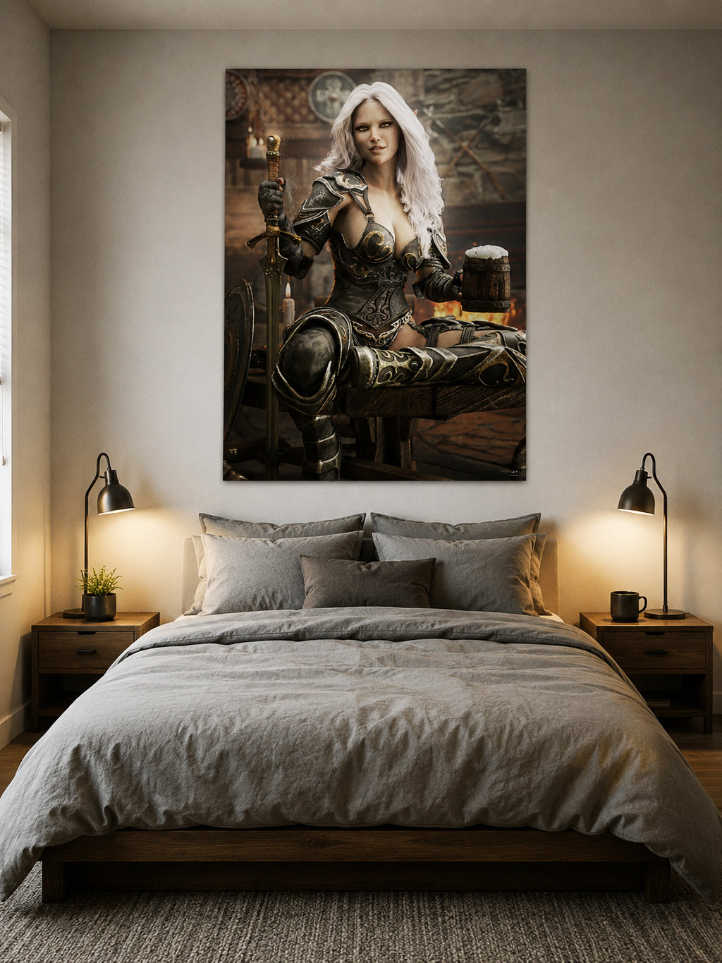 Handcrafted Dark Elf Warrior tavern wall art featuring a white-haired female elf in ornate armor holding a frothy tankard beside her sword and shield in a cozy medieval tavern. Fantasy artwork perfect for gaming rooms, home bars, RPG fans, and medieval fantasy décor.