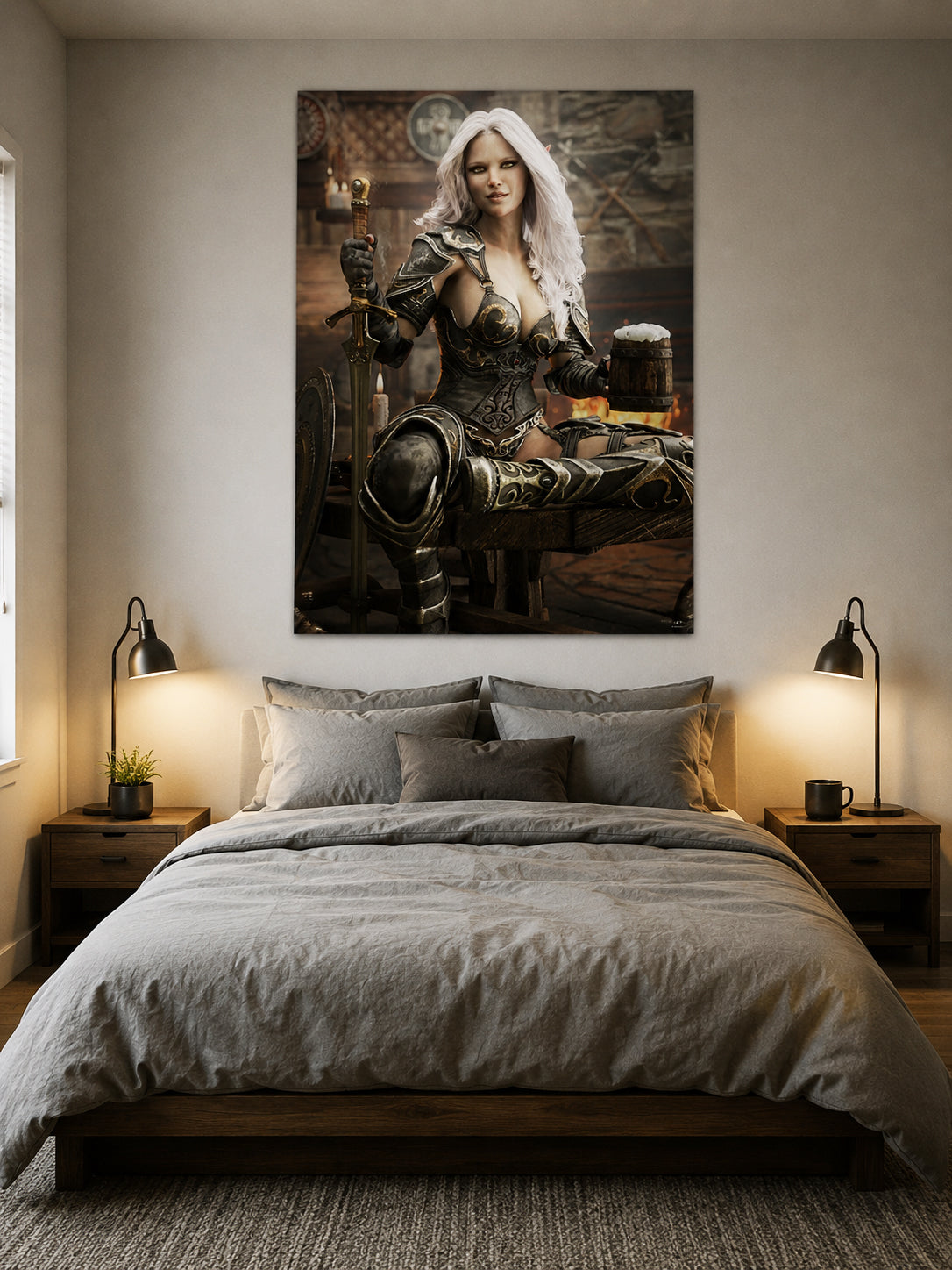 Handcrafted Dark Elf Warrior tavern wall art featuring a white-haired female elf in ornate armor holding a frothy tankard beside her sword and shield in a cozy medieval tavern. Fantasy artwork perfect for gaming rooms, home bars, RPG fans, and medieval fantasy décor.