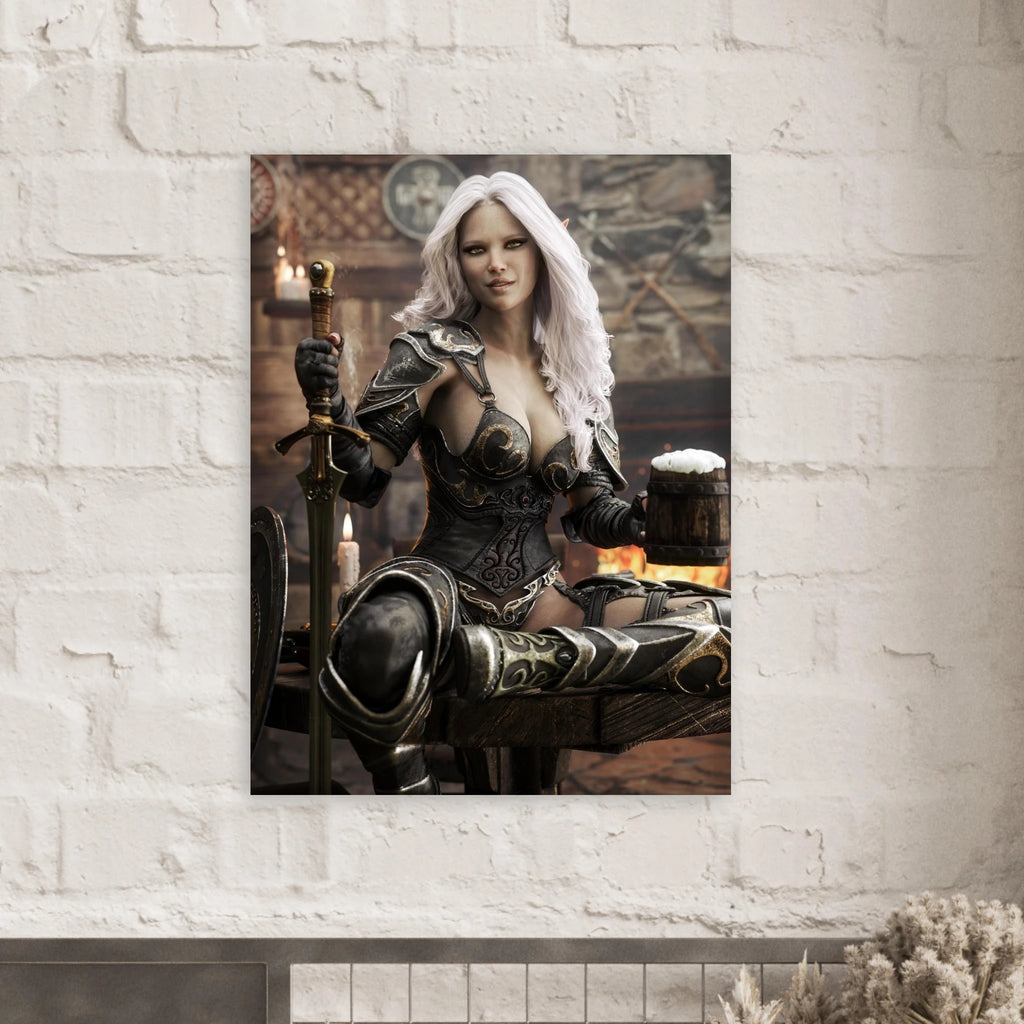 Handcrafted Dark Elf Warrior tavern wall art featuring a white-haired female elf in ornate armor holding a frothy tankard beside her sword and shield in a cozy medieval tavern. Fantasy artwork perfect for gaming rooms, home bars, RPG fans, and medieval fantasy décor.