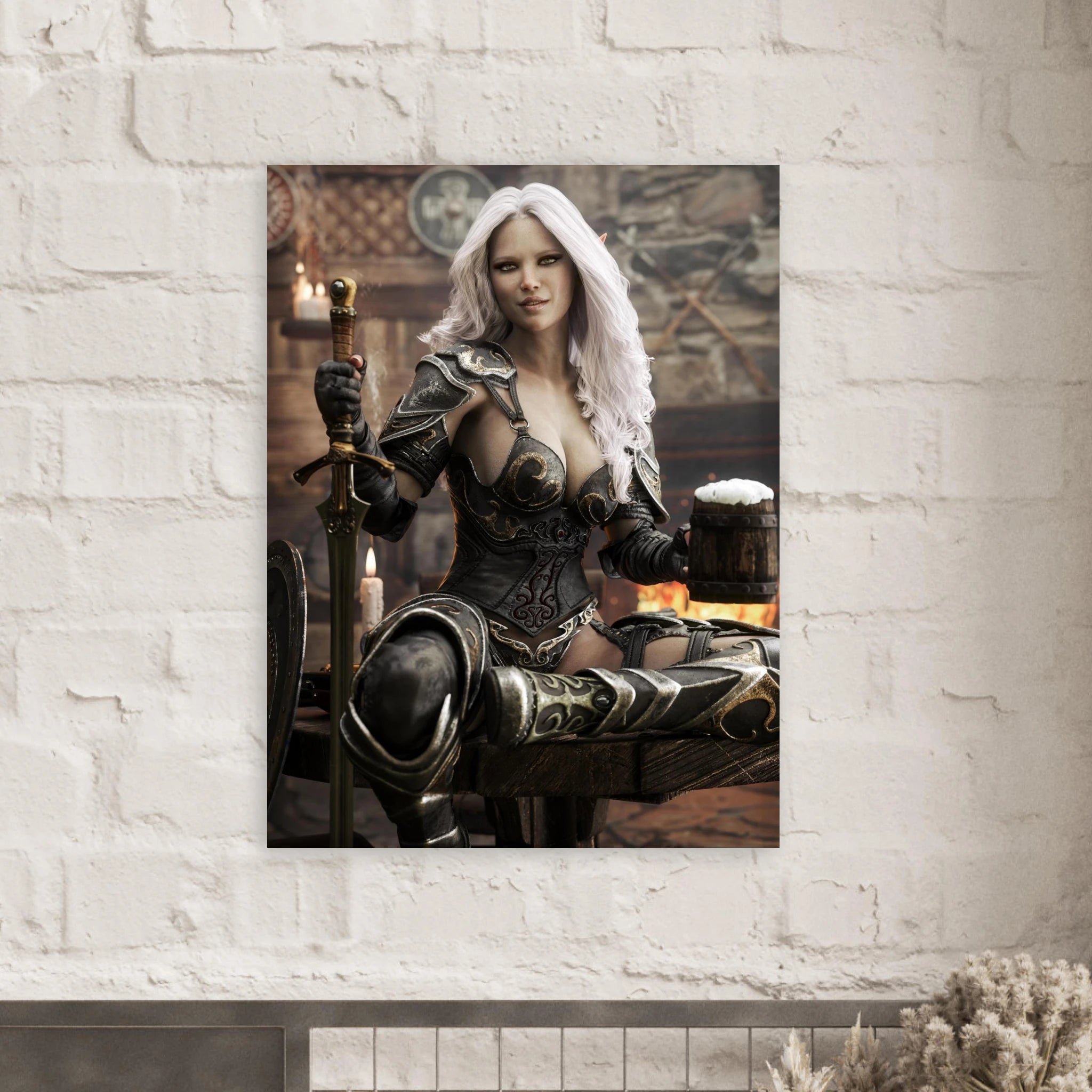 Handcrafted Dark Elf Warrior tavern wall art featuring a white-haired female elf in ornate armor holding a frothy tankard beside her sword and shield in a cozy medieval tavern. Fantasy artwork perfect for gaming rooms, home bars, RPG fans, and medieval fantasy décor.