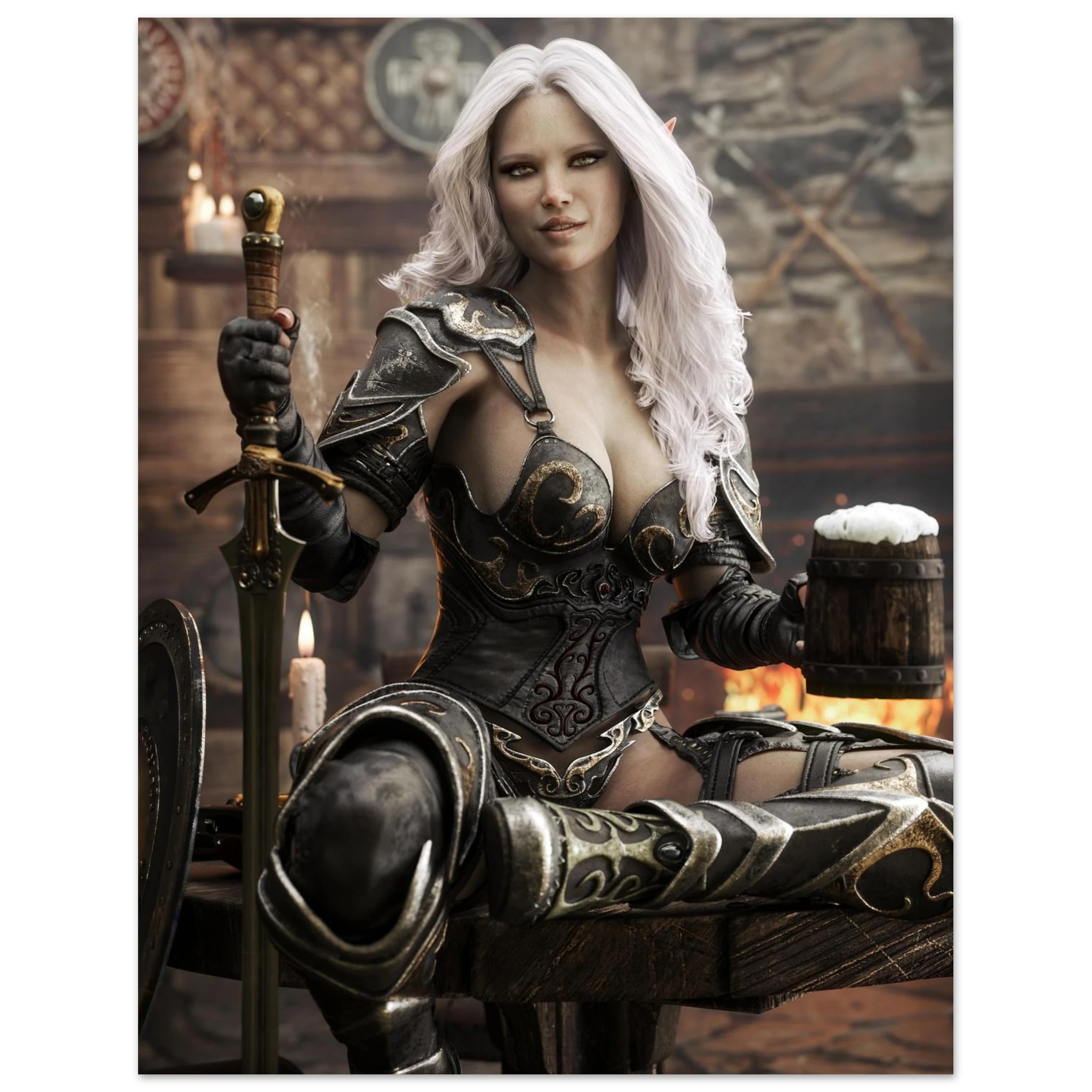 Handcrafted Dark Elf Warrior tavern wall art featuring a white-haired female elf in ornate armor holding a frothy tankard beside her sword and shield in a cozy medieval tavern. Fantasy artwork perfect for gaming rooms, home bars, RPG fans, and medieval fantasy décor.