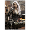 Handcrafted Dark Elf Warrior tavern wall art featuring a white-haired female elf in ornate armor holding a frothy tankard beside her sword and shield in a cozy medieval tavern. Fantasy artwork perfect for gaming rooms, home bars, RPG fans, and medieval fantasy décor.