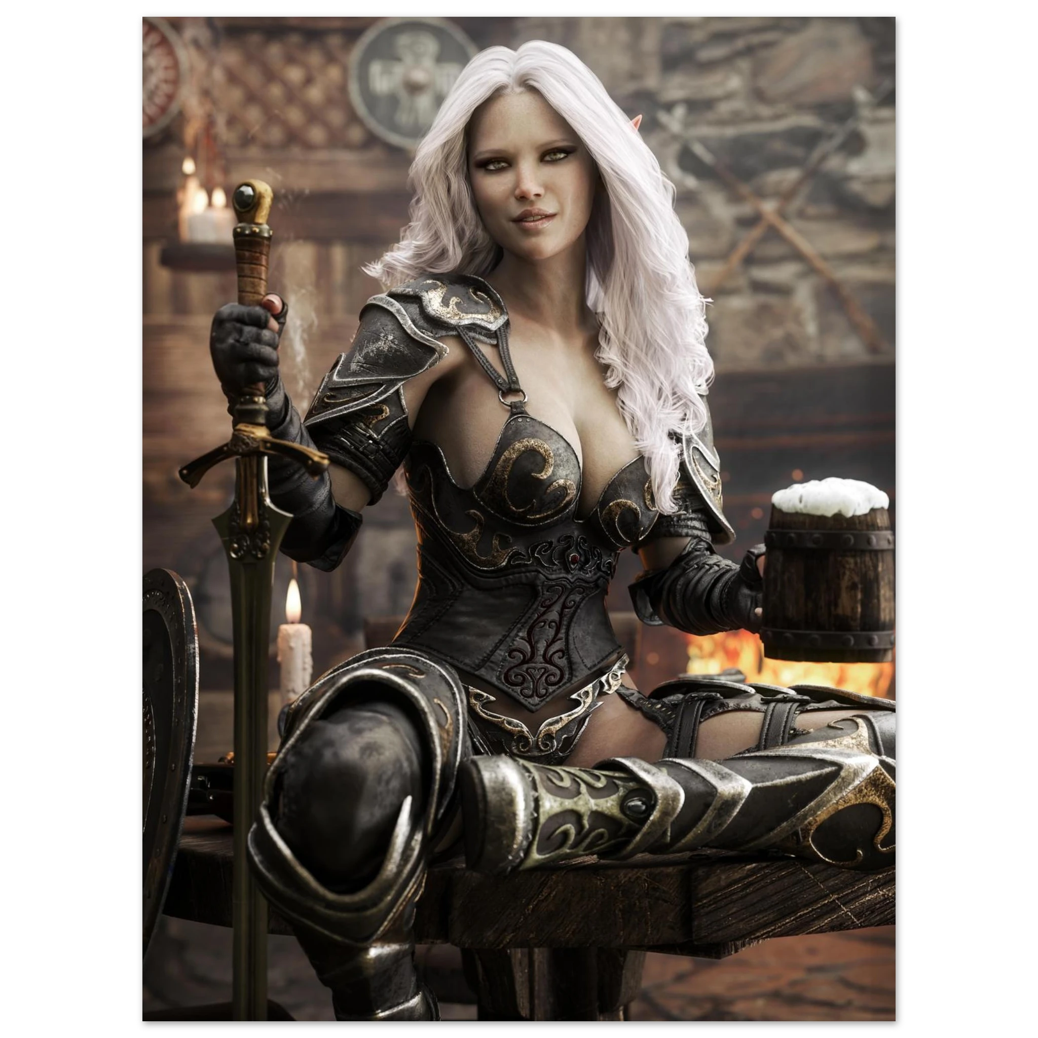 Handcrafted Dark Elf Warrior tavern wall art featuring a white-haired female elf in ornate armor holding a frothy tankard beside her sword and shield in a cozy medieval tavern. Fantasy artwork perfect for gaming rooms, home bars, RPG fans, and medieval fantasy décor.