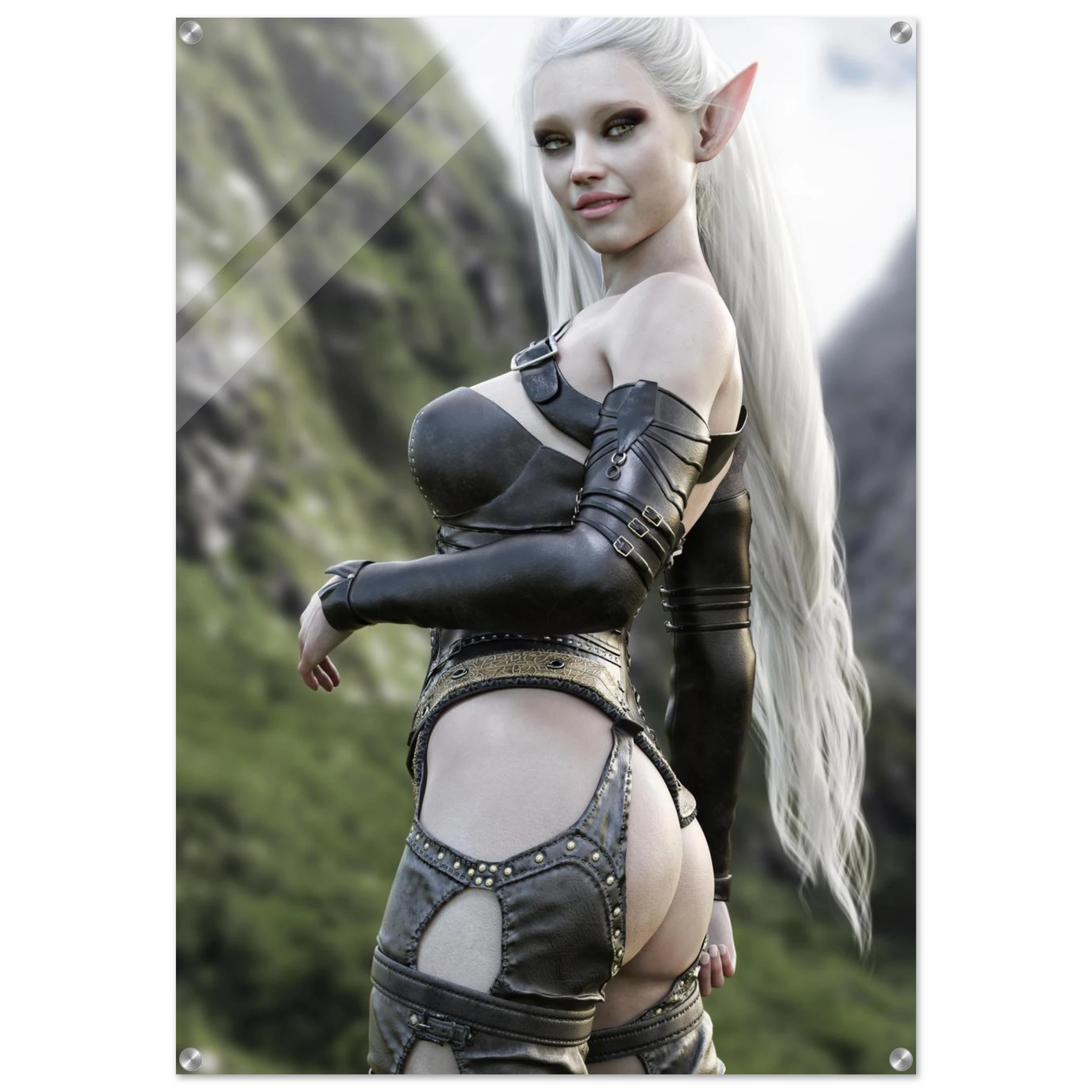 Handcrafted Dark Elf Warrior wall art featuring an elegant white-haired female elf in detailed leather armor overlooking a dramatic mountain landscape. Fantasy artwork ideal for gaming rooms, RPG fans, and medieval fantasy décor.