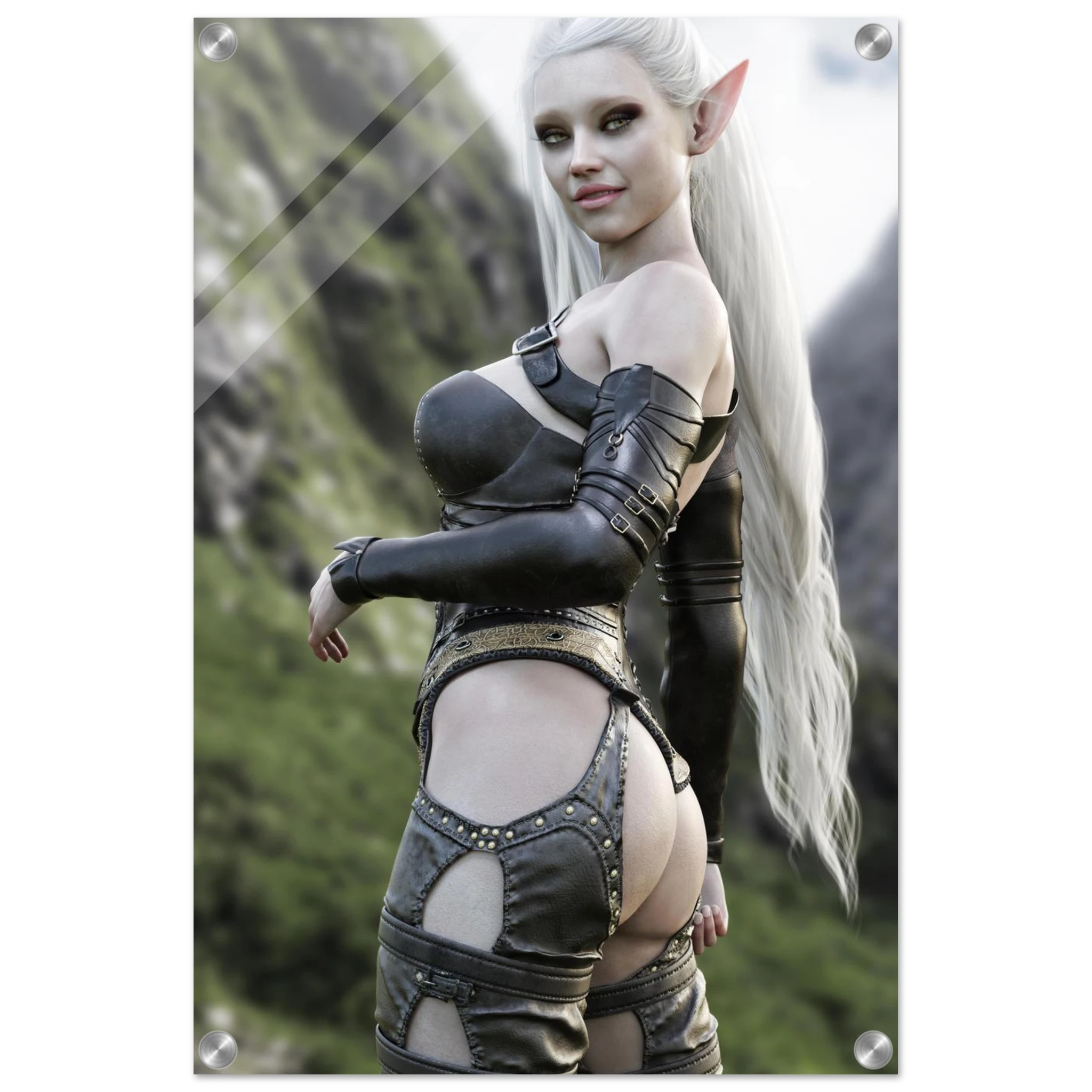 Handcrafted Dark Elf Warrior wall art featuring an elegant white-haired female elf in detailed leather armor overlooking a dramatic mountain landscape. Fantasy artwork ideal for gaming rooms, RPG fans, and medieval fantasy décor.