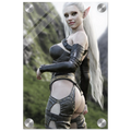 Handcrafted Dark Elf Warrior wall art featuring an elegant white-haired female elf in detailed leather armor overlooking a dramatic mountain landscape. Fantasy artwork ideal for gaming rooms, RPG fans, and medieval fantasy décor.