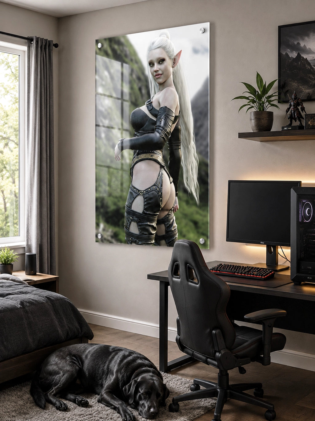 Handcrafted Dark Elf Warrior wall art featuring an elegant white-haired female elf in detailed leather armor overlooking a dramatic mountain landscape. Fantasy artwork ideal for gaming rooms, RPG fans, and medieval fantasy décor.
