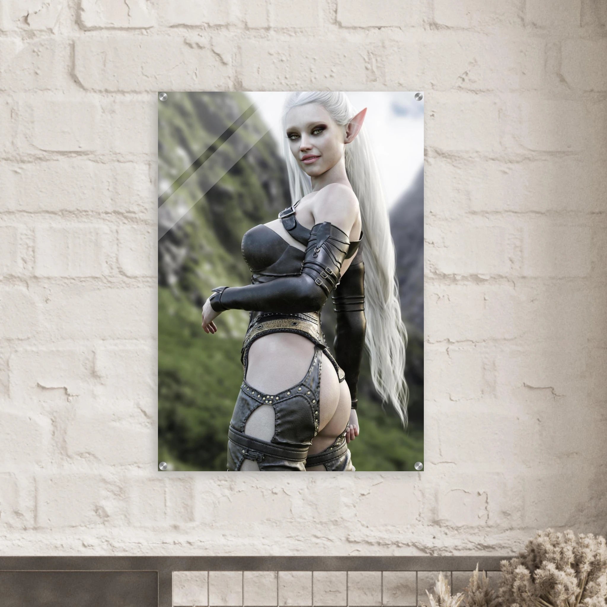 Handcrafted Dark Elf Warrior wall art featuring an elegant white-haired female elf in detailed leather armor overlooking a dramatic mountain landscape. Fantasy artwork ideal for gaming rooms, RPG fans, and medieval fantasy décor.