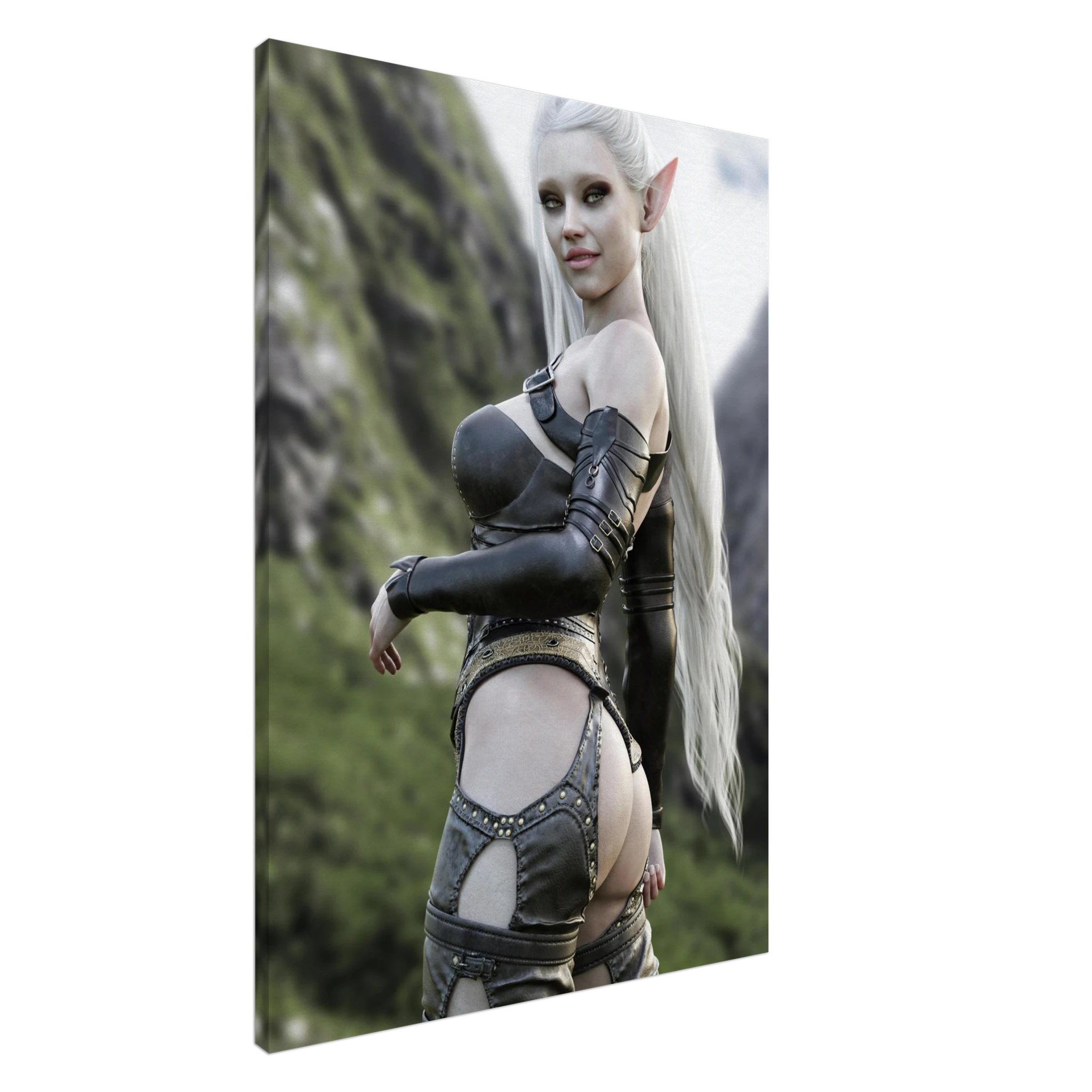 Handcrafted Dark Elf Warrior wall art featuring an elegant white-haired female elf in detailed leather armor overlooking a dramatic mountain landscape. Fantasy artwork ideal for gaming rooms, RPG fans, and medieval fantasy décor.