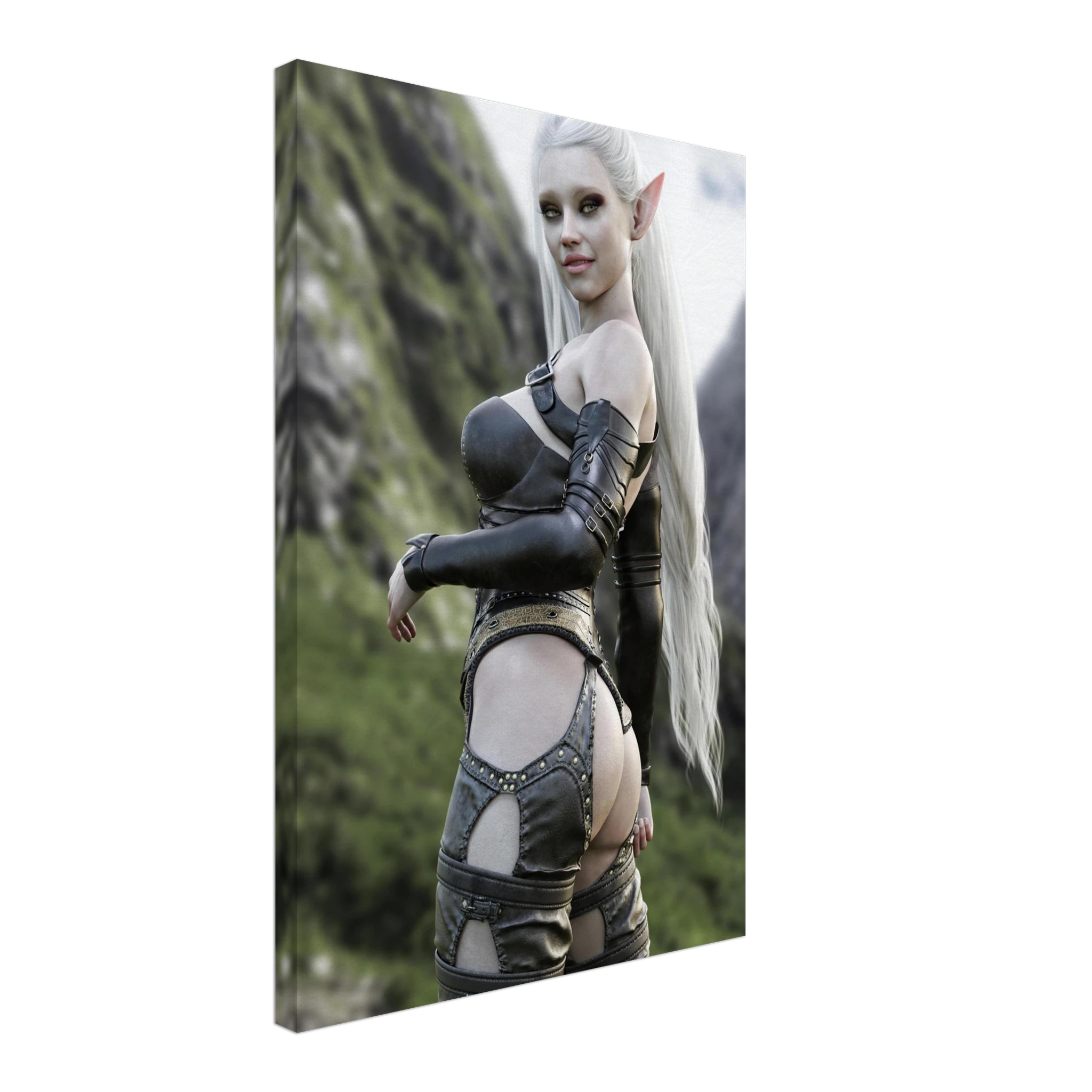 Handcrafted Dark Elf Warrior wall art featuring an elegant white-haired female elf in detailed leather armor overlooking a dramatic mountain landscape. Fantasy artwork ideal for gaming rooms, RPG fans, and medieval fantasy décor.