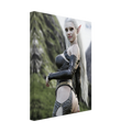 Handcrafted Dark Elf Warrior wall art featuring an elegant white-haired female elf in detailed leather armor overlooking a dramatic mountain landscape. Fantasy artwork ideal for gaming rooms, RPG fans, and medieval fantasy décor.