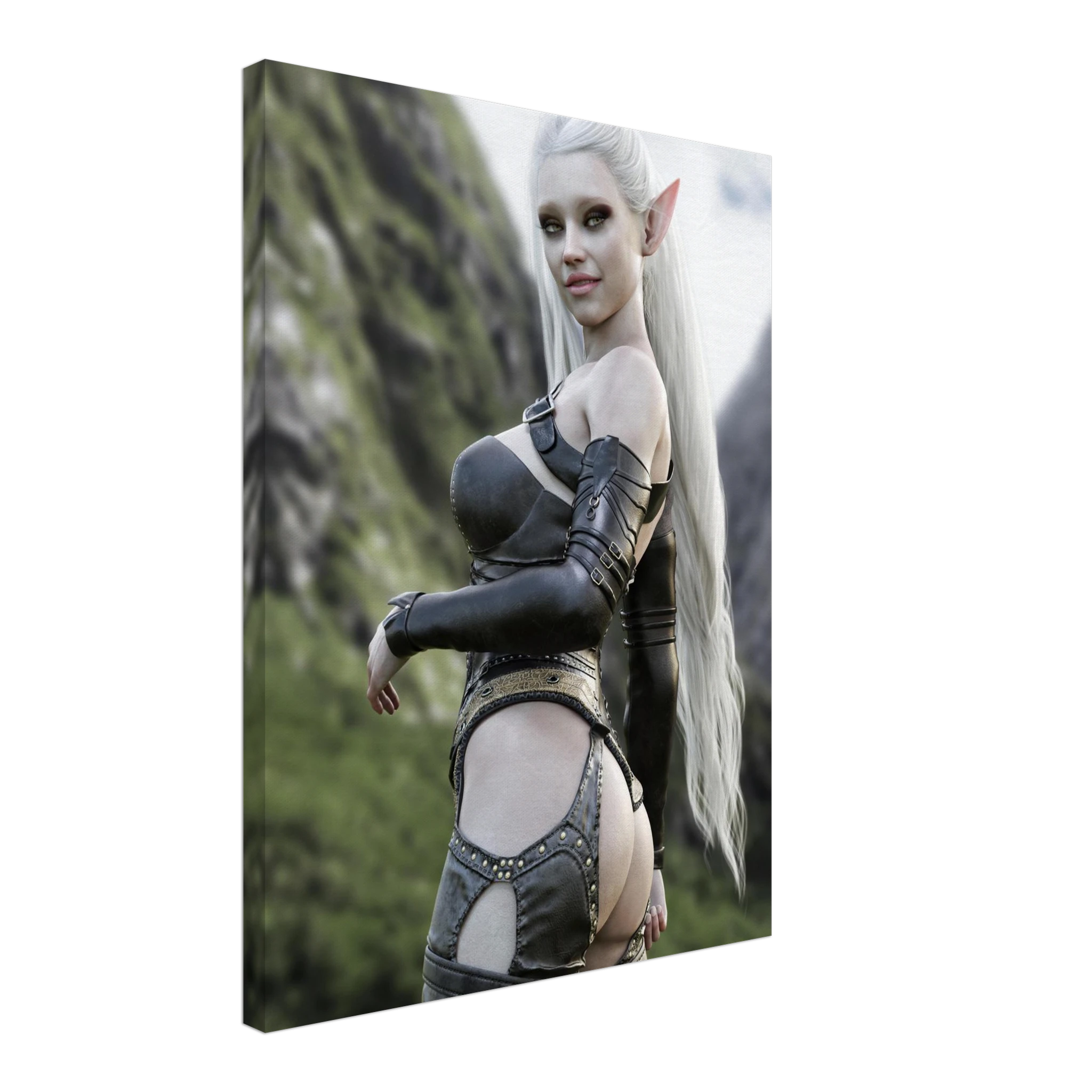 Handcrafted Dark Elf Warrior wall art featuring an elegant white-haired female elf in detailed leather armor overlooking a dramatic mountain landscape. Fantasy artwork ideal for gaming rooms, RPG fans, and medieval fantasy décor.