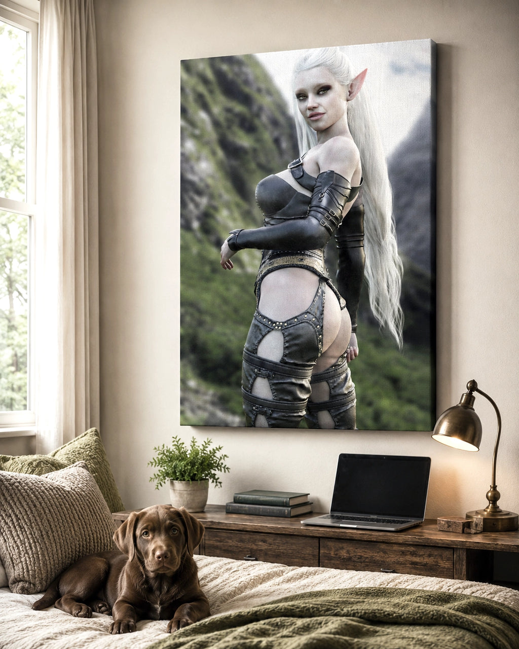Handcrafted Dark Elf Warrior wall art featuring an elegant white-haired female elf in detailed leather armor overlooking a dramatic mountain landscape. Fantasy artwork ideal for gaming rooms, RPG fans, and medieval fantasy décor.