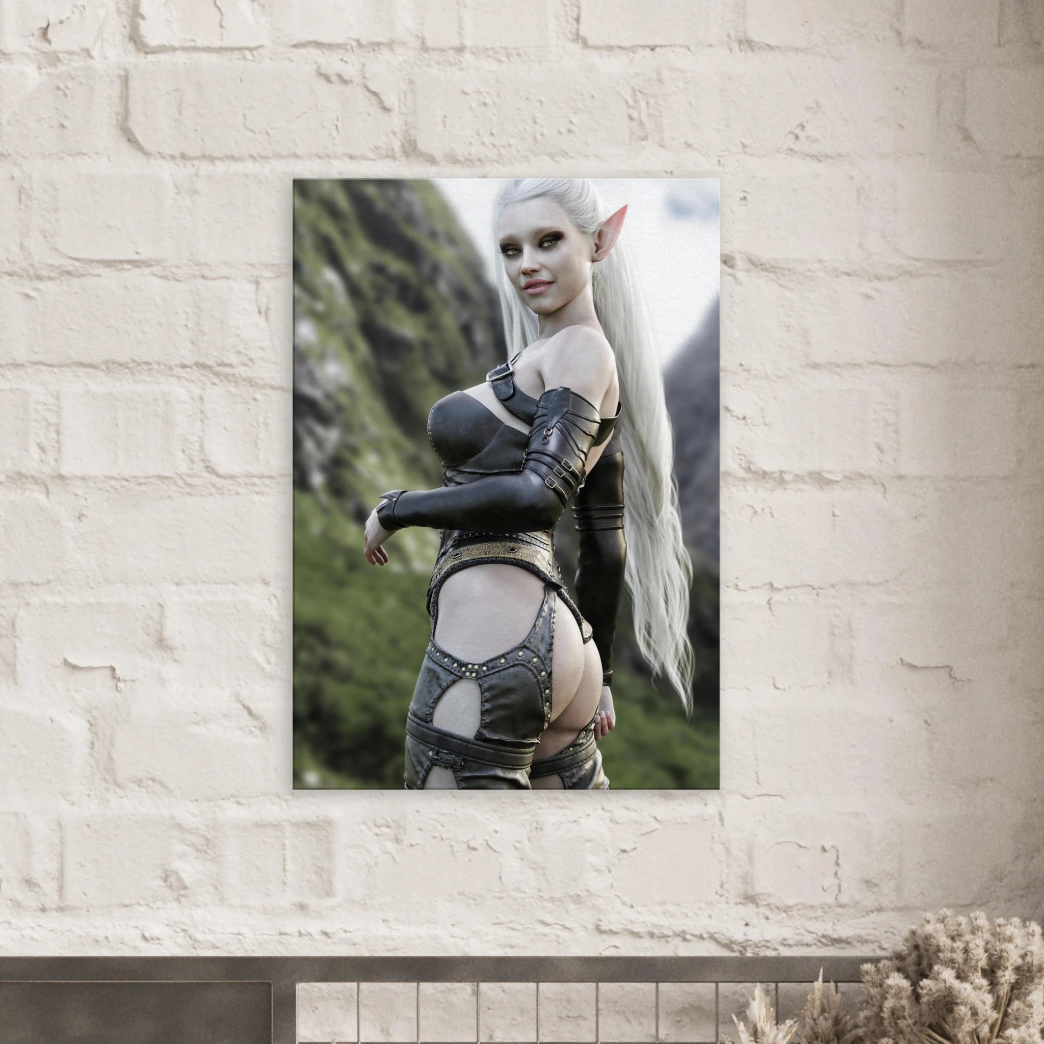 Handcrafted Dark Elf Warrior wall art featuring an elegant white-haired female elf in detailed leather armor overlooking a dramatic mountain landscape. Fantasy artwork ideal for gaming rooms, RPG fans, and medieval fantasy décor.