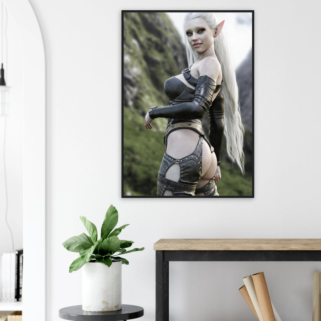 A framed vertical art print of an elf woman with long white hair, wearing dark leather armor, displayed on a white wall above a console table with a potted plant.