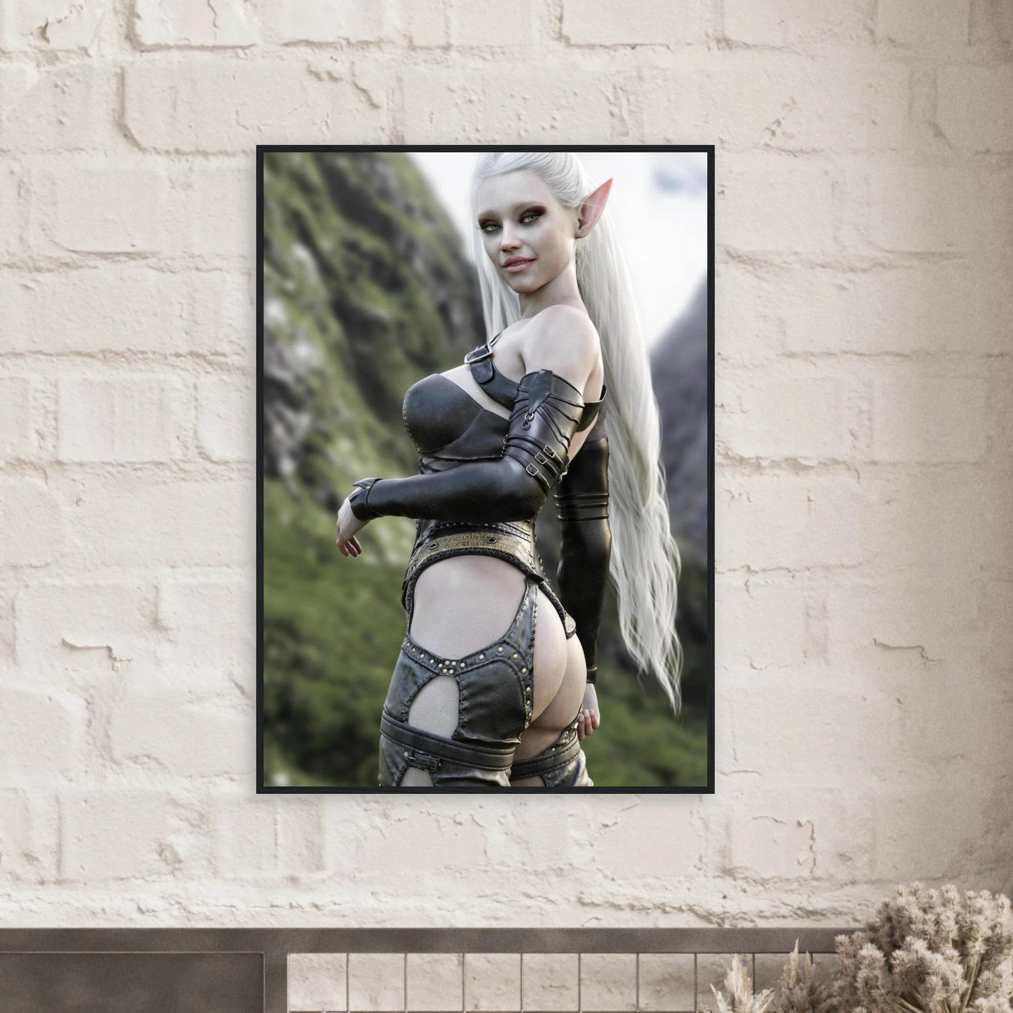 A framed vertical art print featuring a fantasy elf woman with long white hair and pointed ears, wearing dark metallic armor, displayed on a white brick wall above a fireplace.