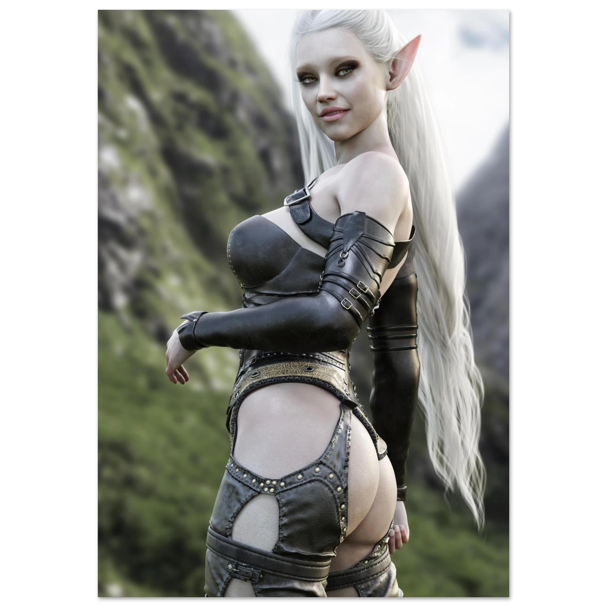 Handcrafted Dark Elf Warrior wall art featuring an elegant white-haired female elf in detailed leather armor overlooking a dramatic mountain landscape. Fantasy artwork ideal for gaming rooms, RPG fans, and medieval fantasy décor.
