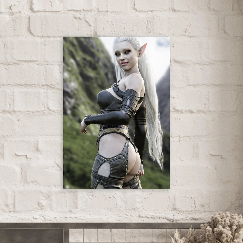 Handcrafted Dark Elf Warrior wall art featuring an elegant white-haired female elf in detailed leather armor overlooking a dramatic mountain landscape. Fantasy artwork ideal for gaming rooms, RPG fans, and medieval fantasy décor.