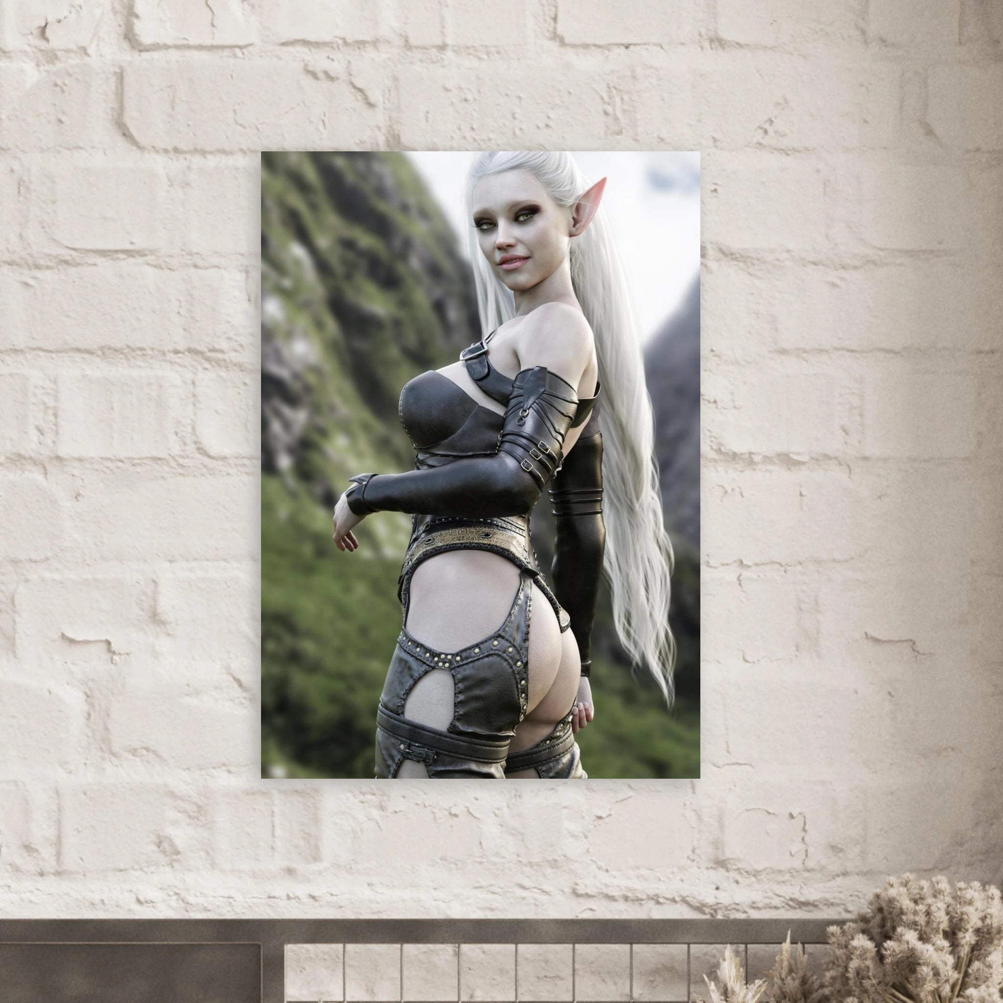 Handcrafted Dark Elf Warrior wall art featuring an elegant white-haired female elf in detailed leather armor overlooking a dramatic mountain landscape. Fantasy artwork ideal for gaming rooms, RPG fans, and medieval fantasy décor.